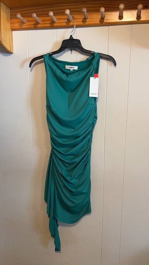 Popilush Teal Ruched Sleeveless Dress