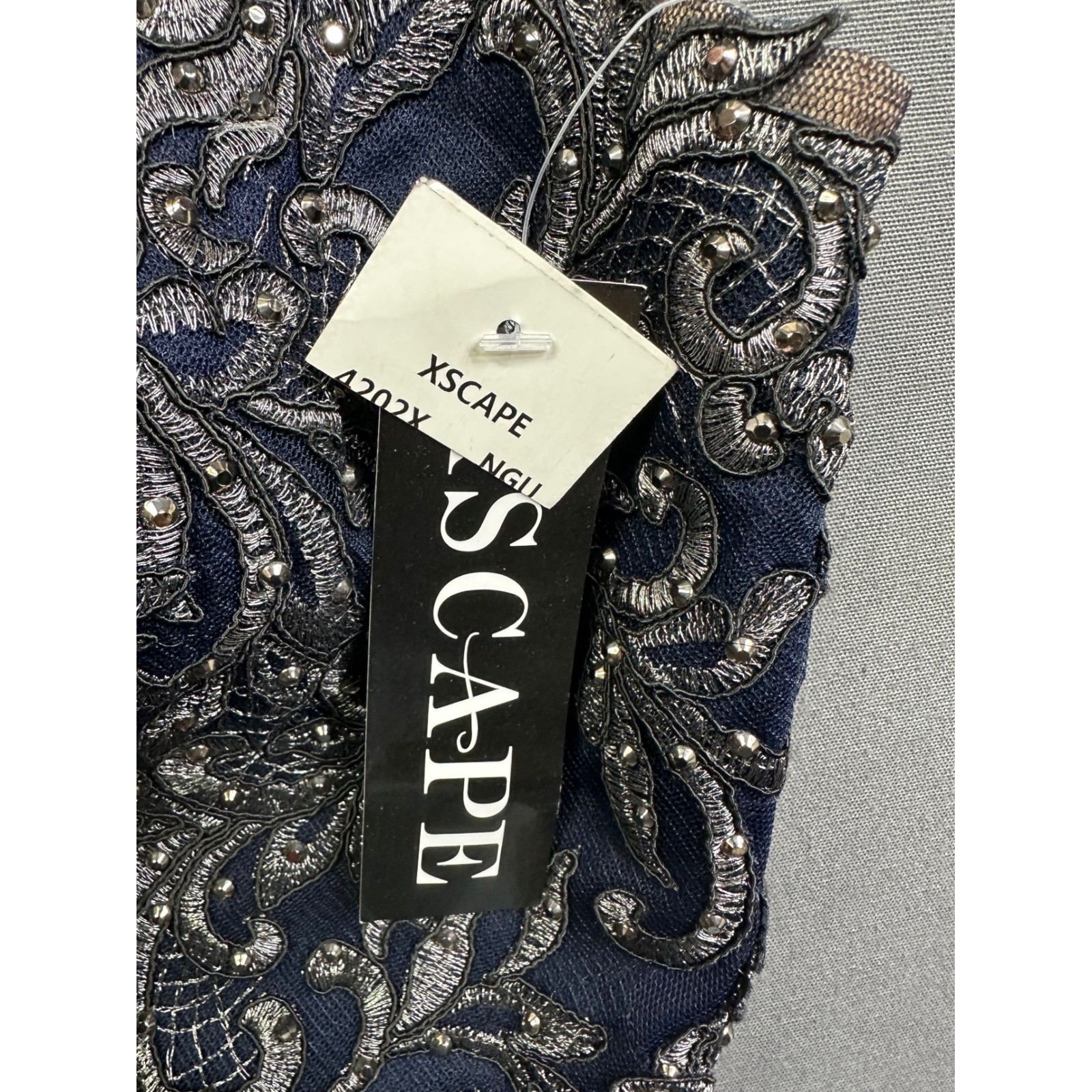 Xscape Navy Blue Silver Embroidered Rhinestone Chiffon Gown Dress 4202X Size 10