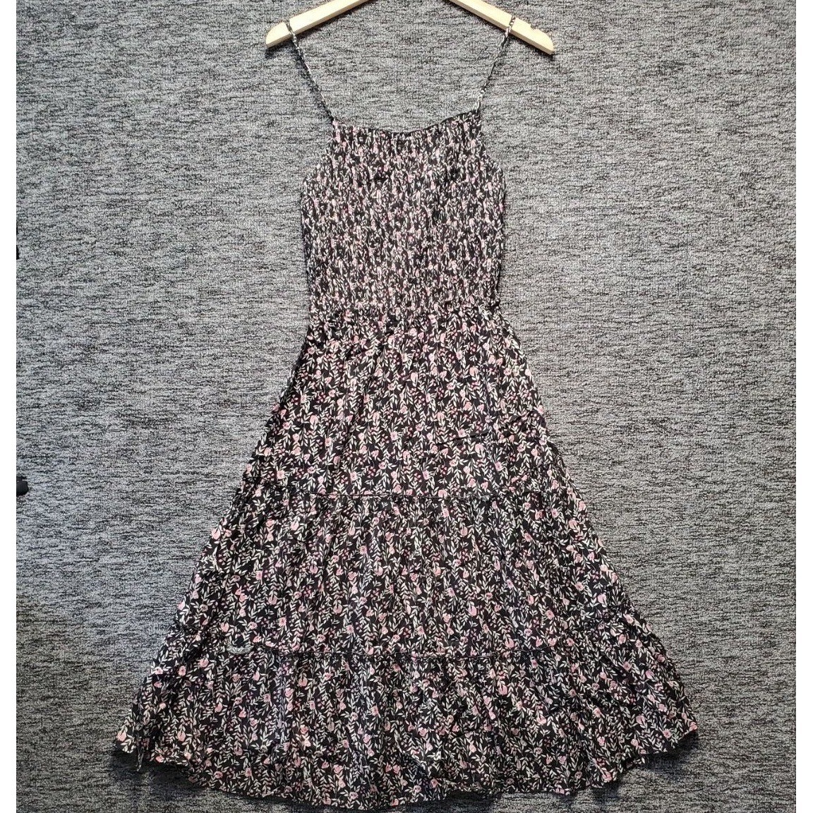 Mimi Chica Midi Dress Women Large Black Pink Floral Smocked Tiered Boho Sundress
