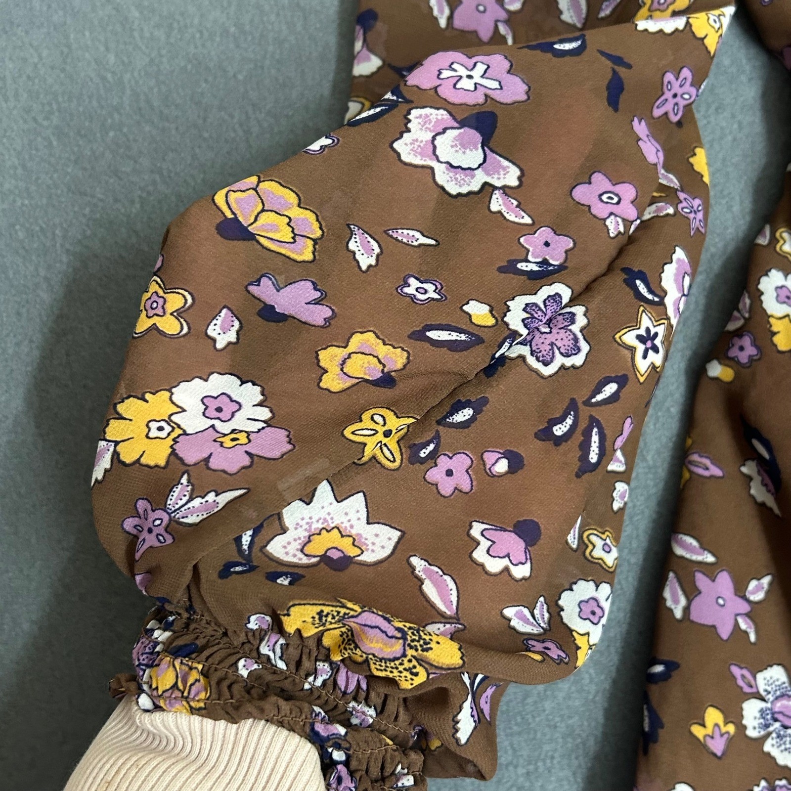 Hollister Floral Mini Dress Womens XS Brown Excellent Long Sleeve Smocked Boho
