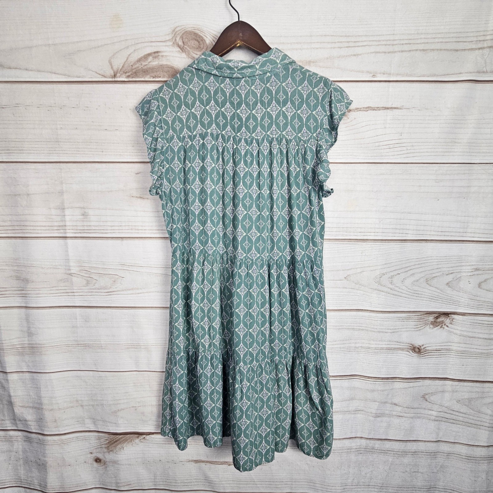 Lucky Brand Green Medallion Tiered Button Front Mini Dress Flutter Sleeve Medium