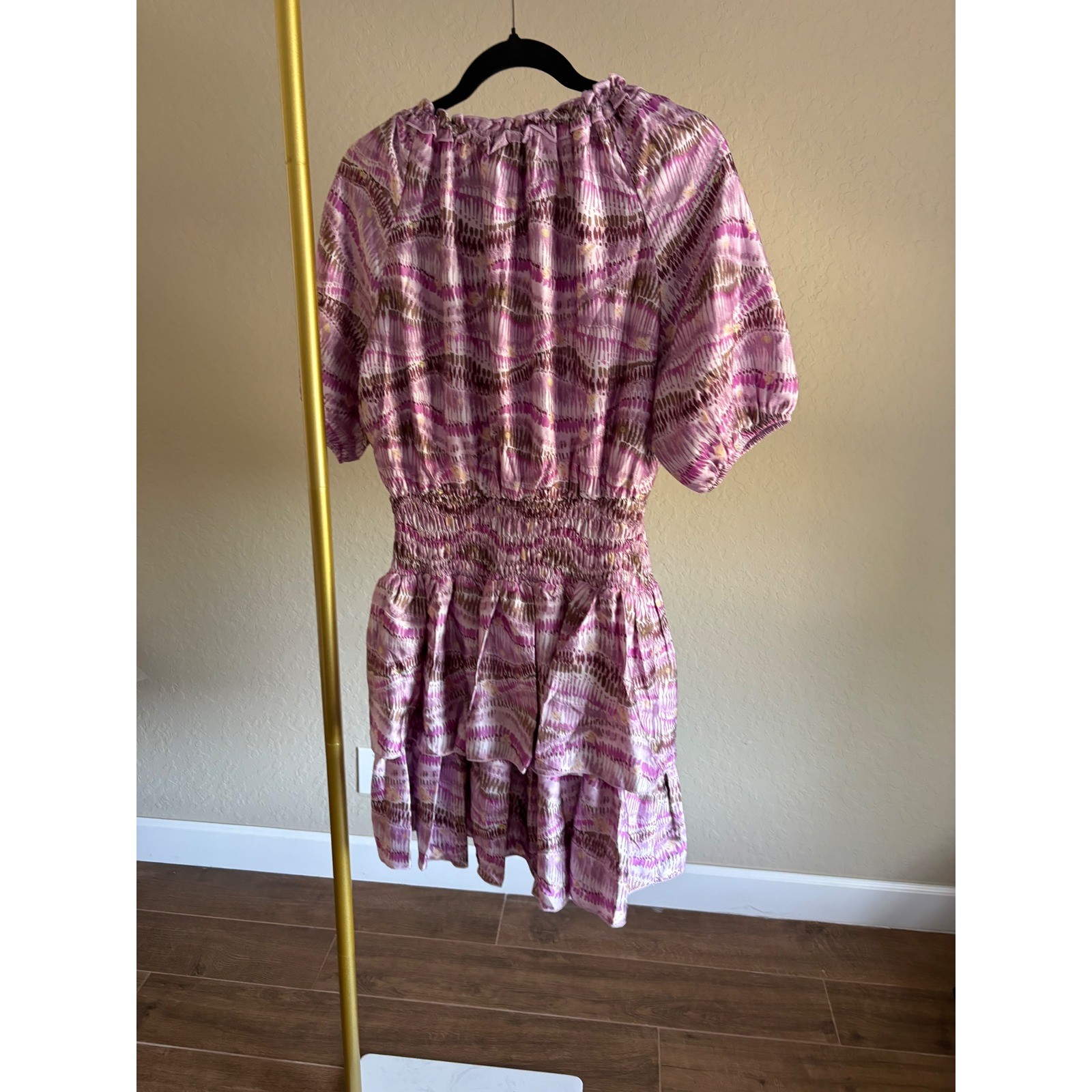 Yakira Bella Zena Dress NWT Purple Pattern Smocked Mini Ruffle Tiered Size S