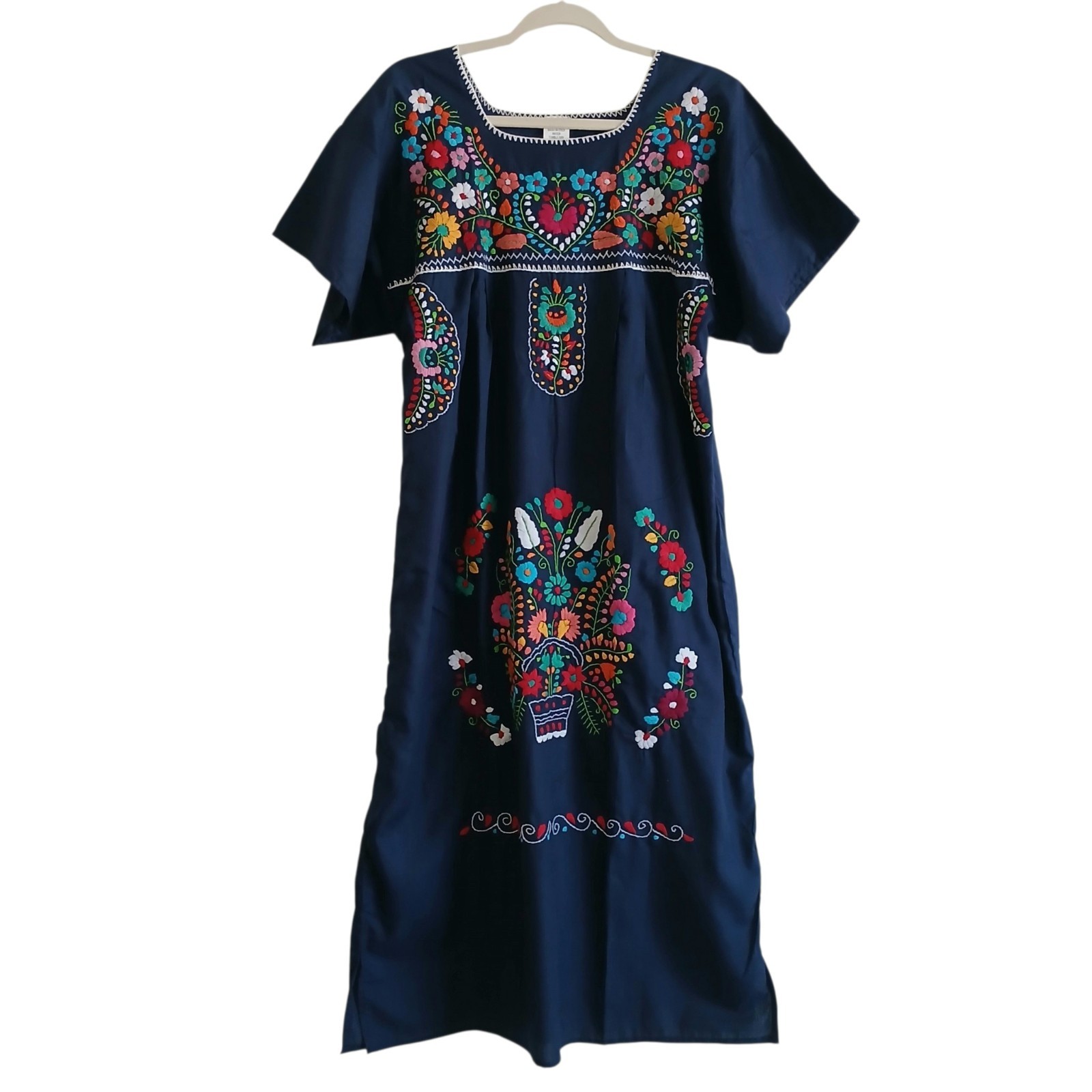 NWOT Embroidered 100% Cotton Mumu House Dress Women’s L Blue Mexico Colorful