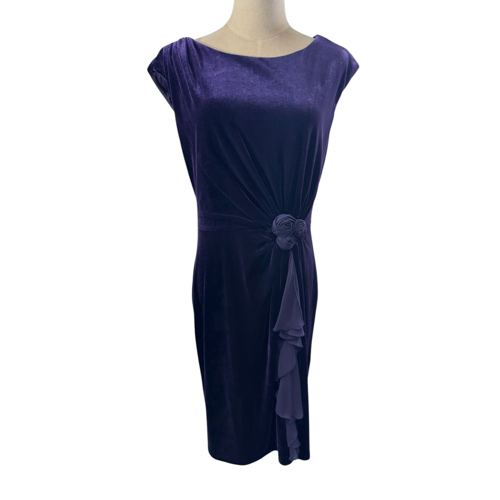 “Connected Apparel” Purple Velvet Ruched Dress Sheer Floral SZ 10 Fairy Whimsy