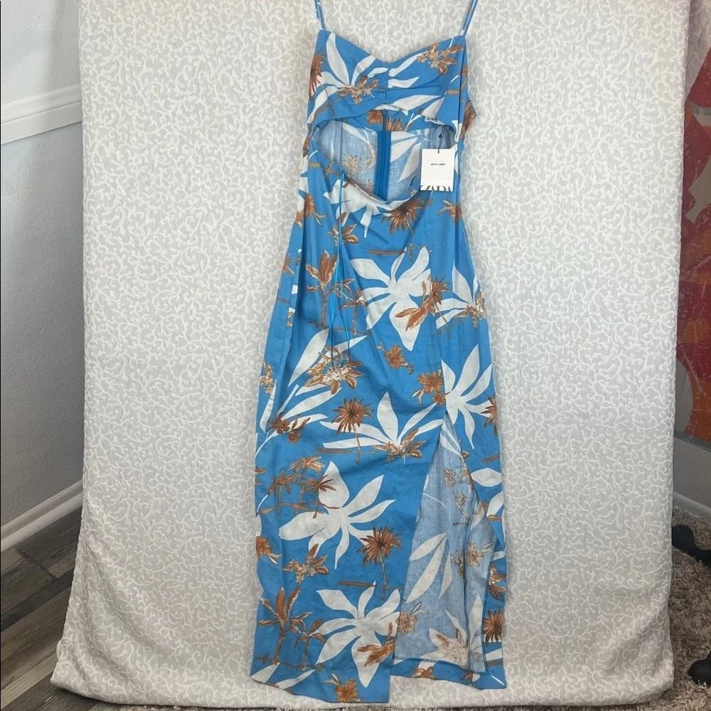 Zara Womens Linen Blend Midi Dress XS Blue Resort Tropical Cut Out Slit