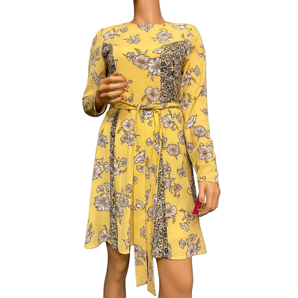 Xhilaration Mustard Yellow Mixed Floral Print Fit and Flare Dress Long Sleeve