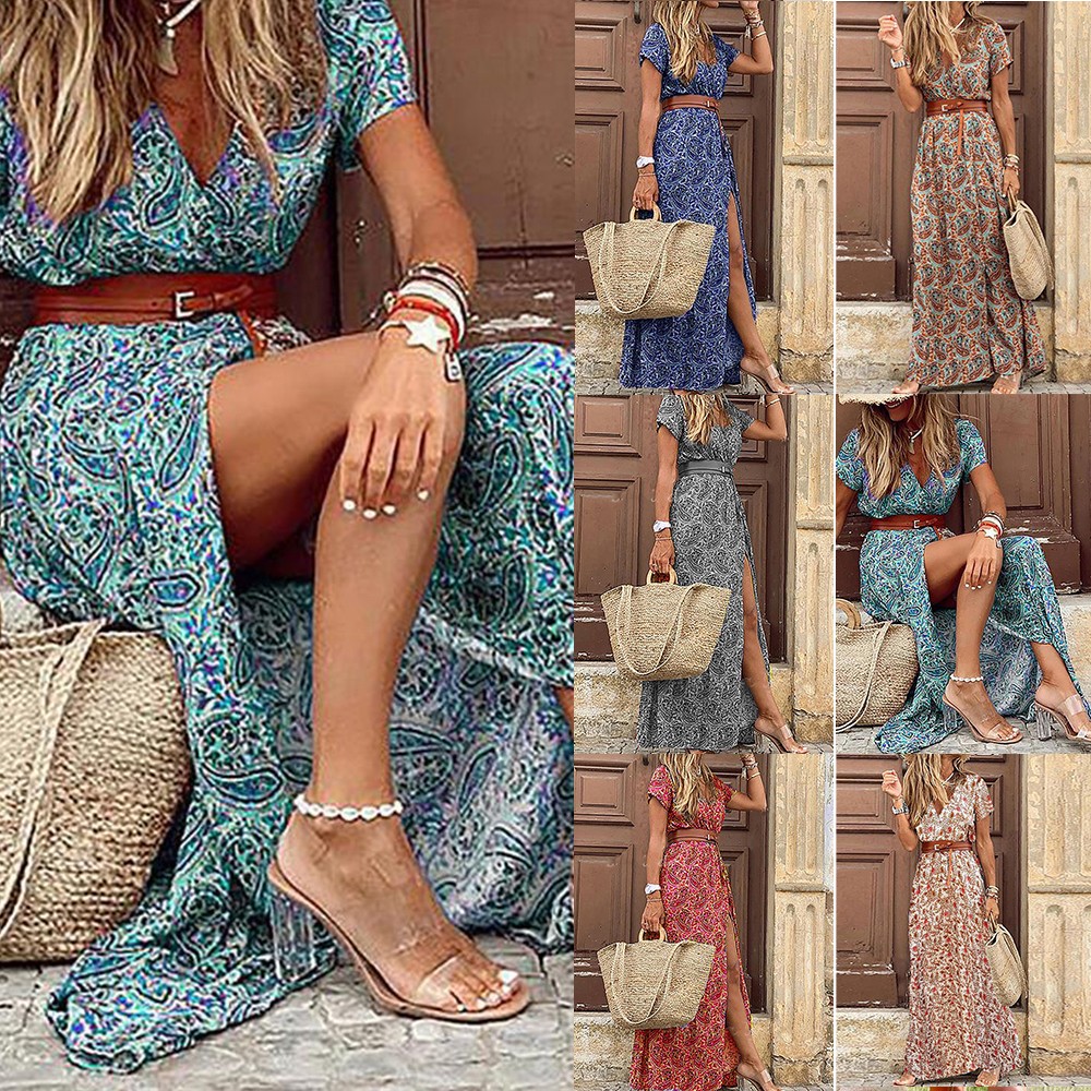 Womens Boho Floral V-Neck Maxi Dress Ladies Summer Beach Casual Holiday Sundress