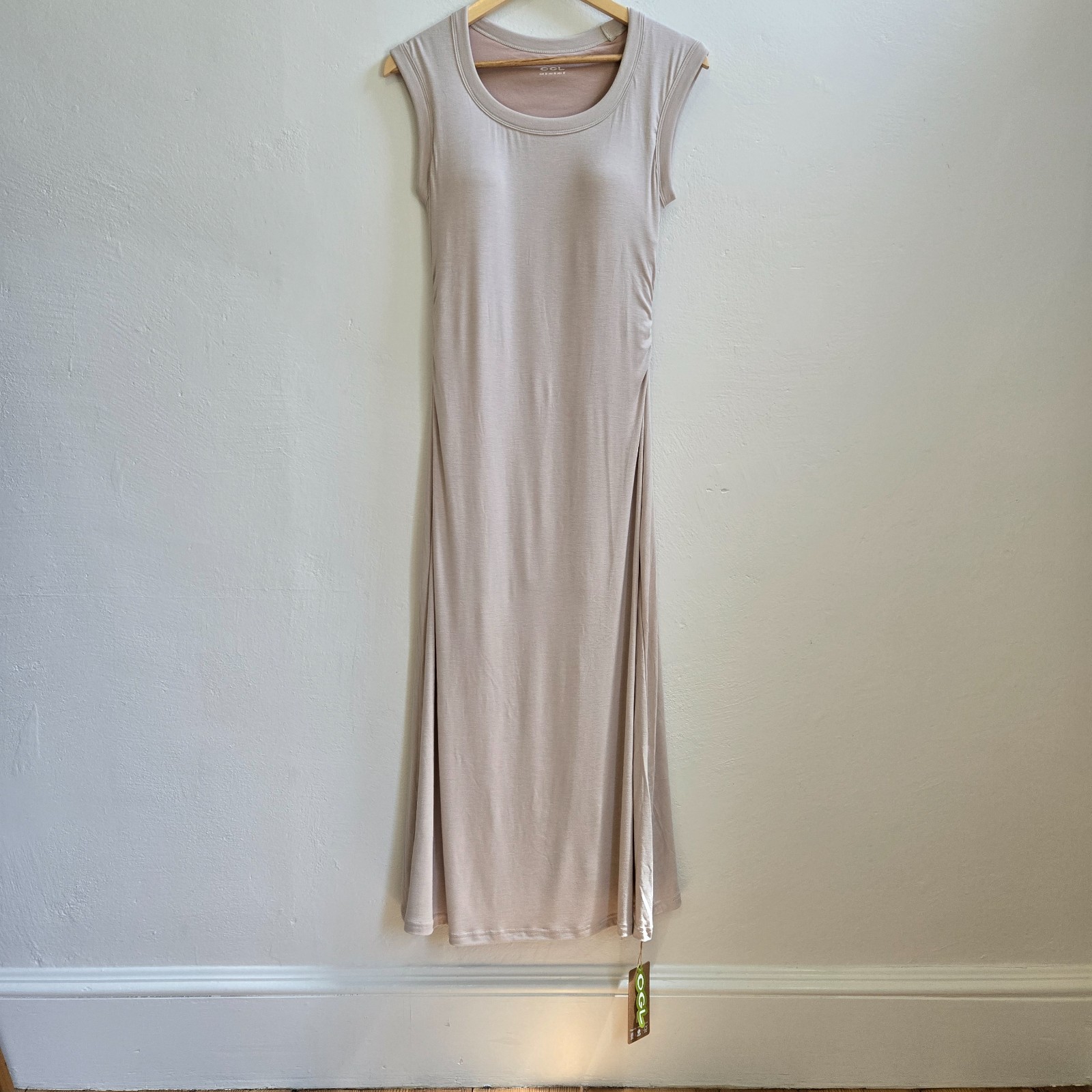 NWT OGL Ruched Sleeveless Maxi Dress Beige Size M Padded Bust Lined Sustainable