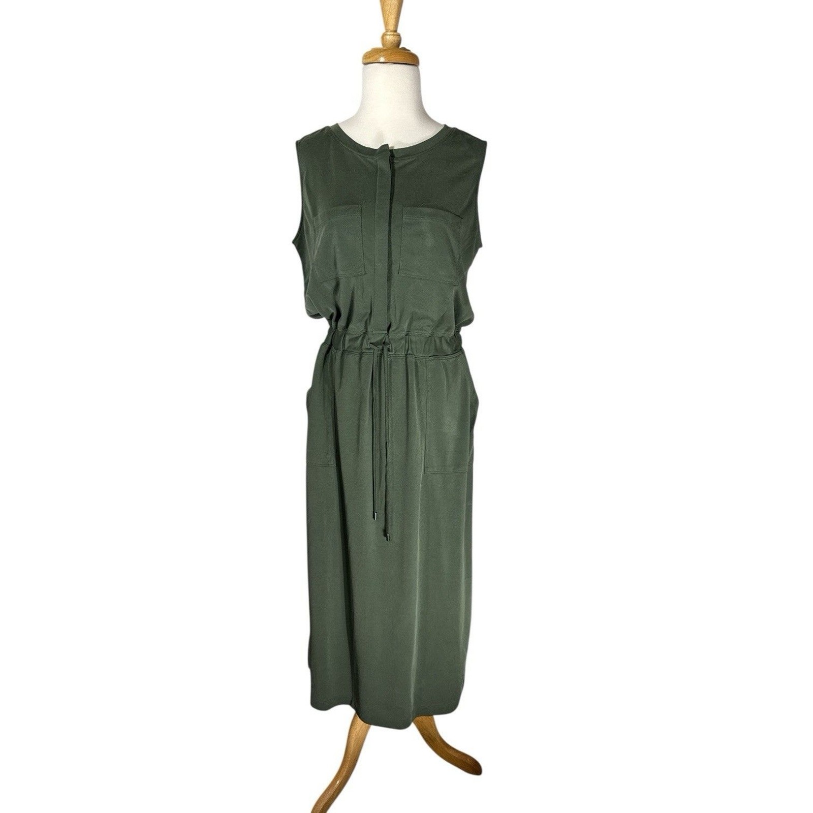 Lou & Grey Pocket Dress Drawstring Waist Sandwash Olive Green Casual Athleisure