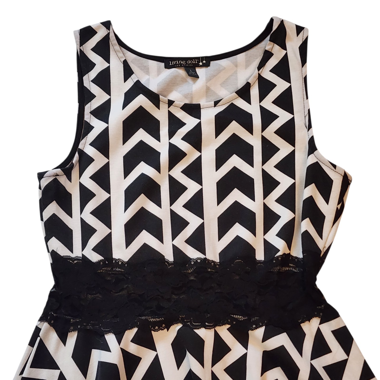 Living Doll Womens Dress Size L Jrs Black White High Waist Sleeveless Stretch