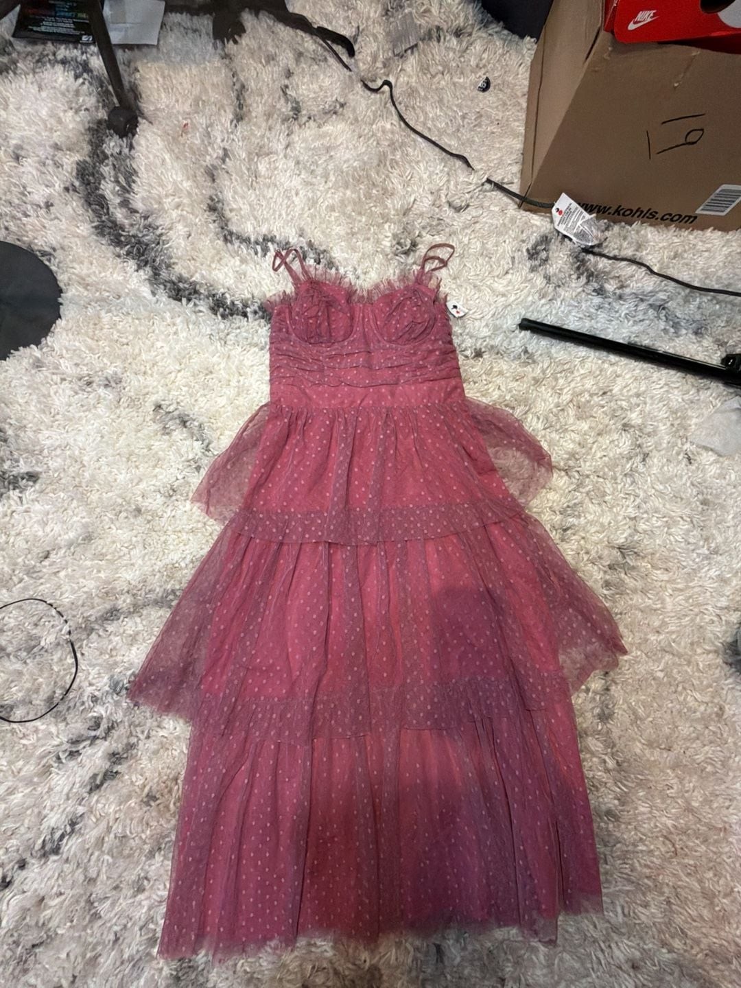 Lulus Sweetheart Style Mauve Polka Dot Bustier Tiered Midi Dress