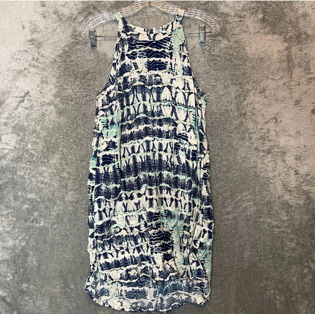 Nicole Miller Women Linen Tie Dye Halter Hi Low Shift Dress M Resort Beach Vacay