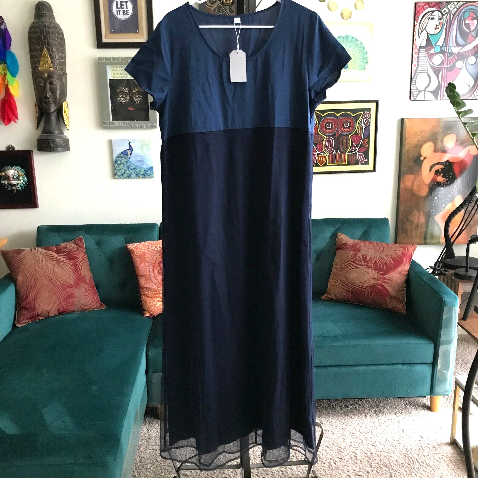 MADE WITH LOVE❤️size L Navy Blue Mesh Overlay Long Maxi Dress NWT
