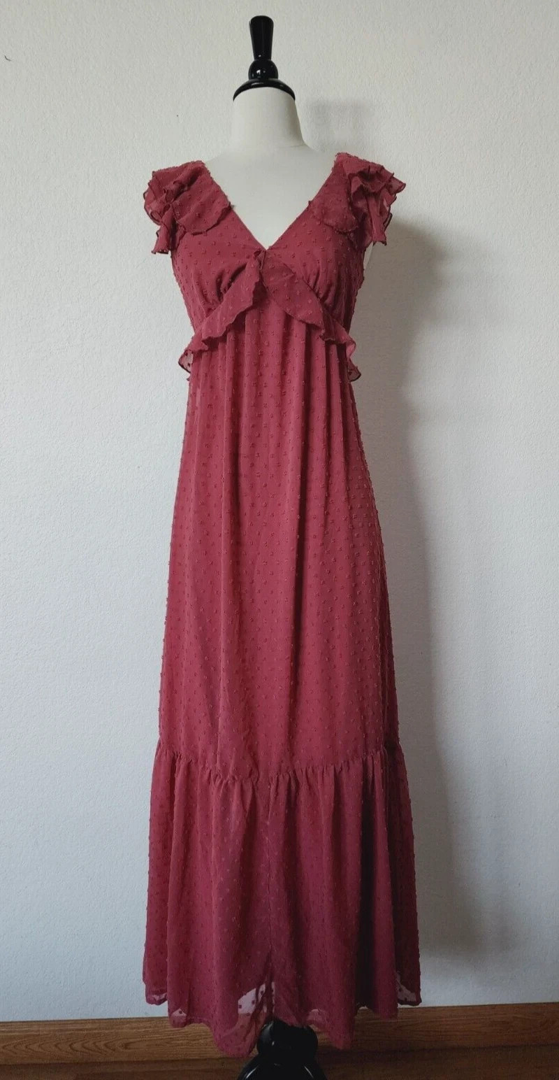New Anthro Maxi Dress Size Medium Pink Clip Dot Bow Wedding Coquette Goddess