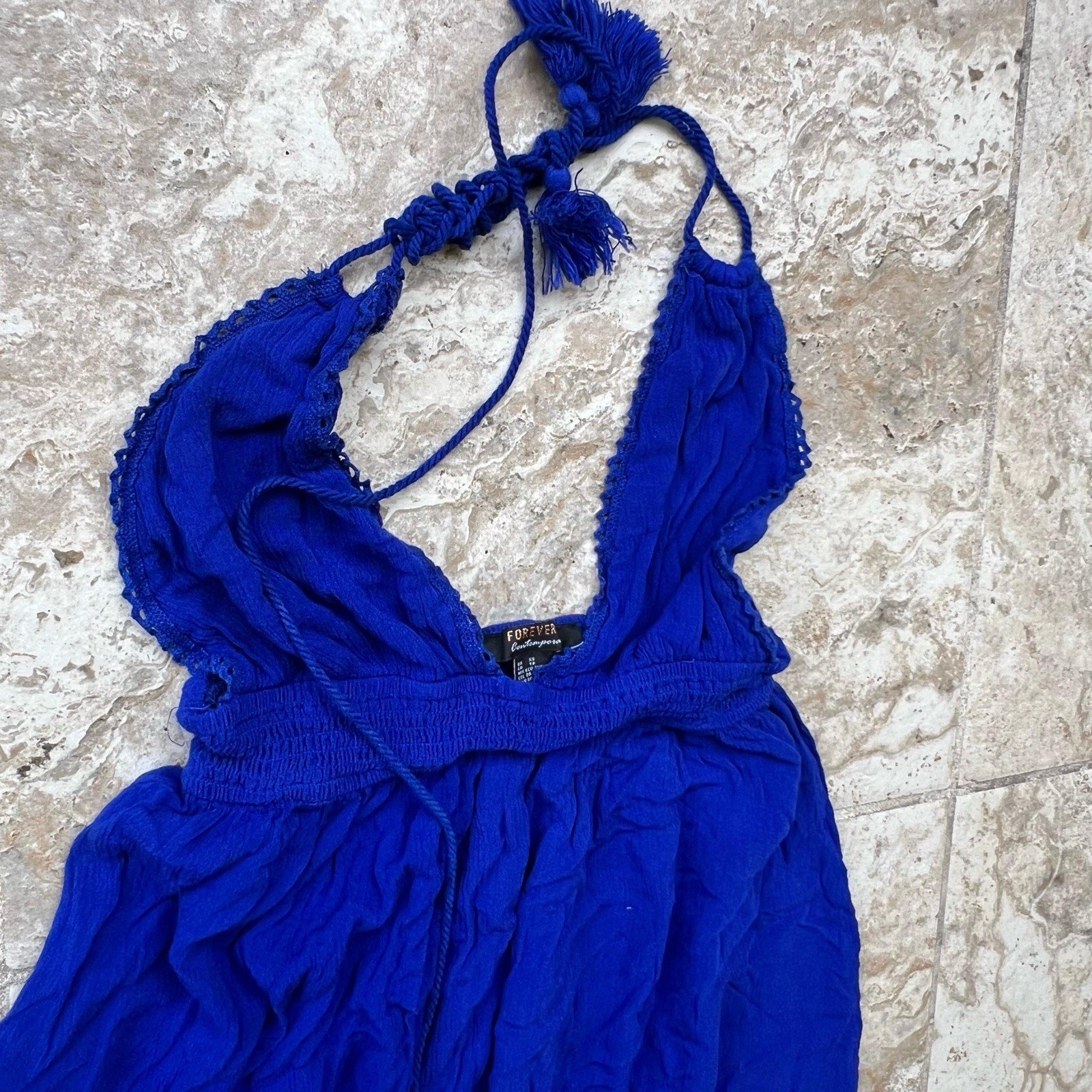 Forever 21 Women’s Blue S Maxi Dress V-Neck Halter Smocked Backless Tassel