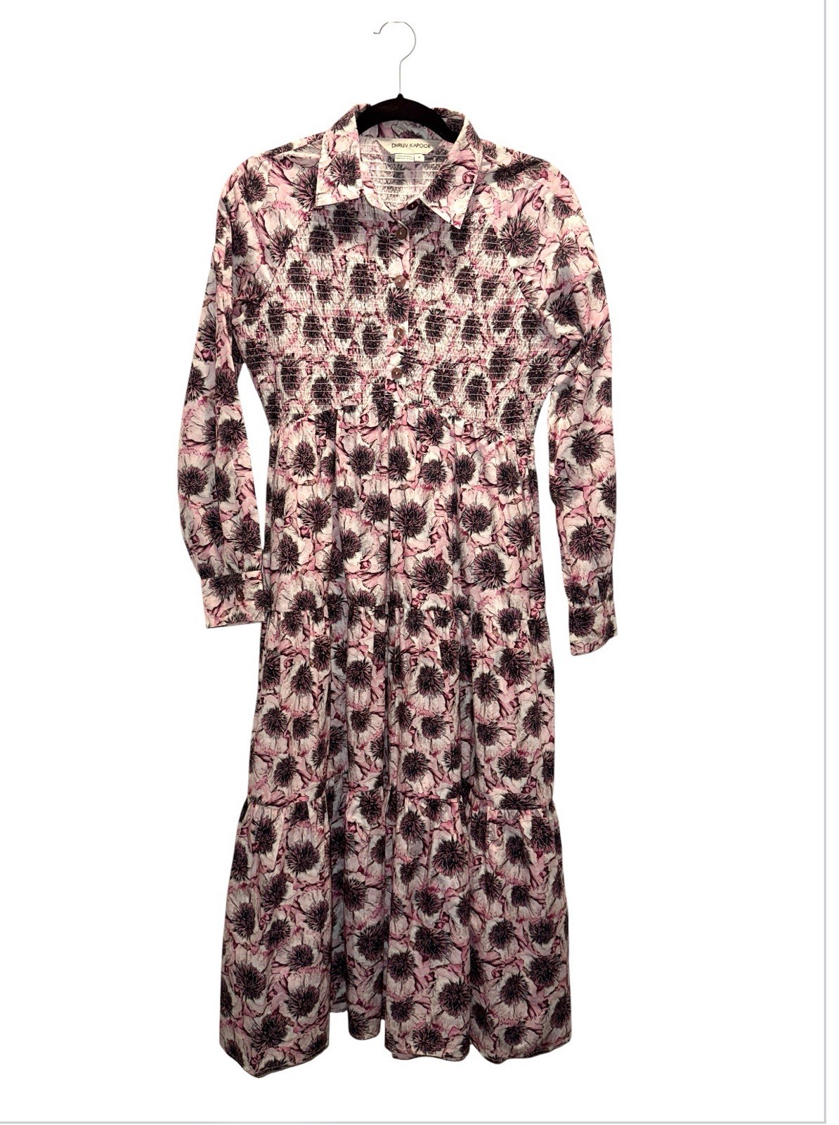 Dhruv Kapoor Pink/Black Floral Smocked Button Front Collared Midi Dress Size 4