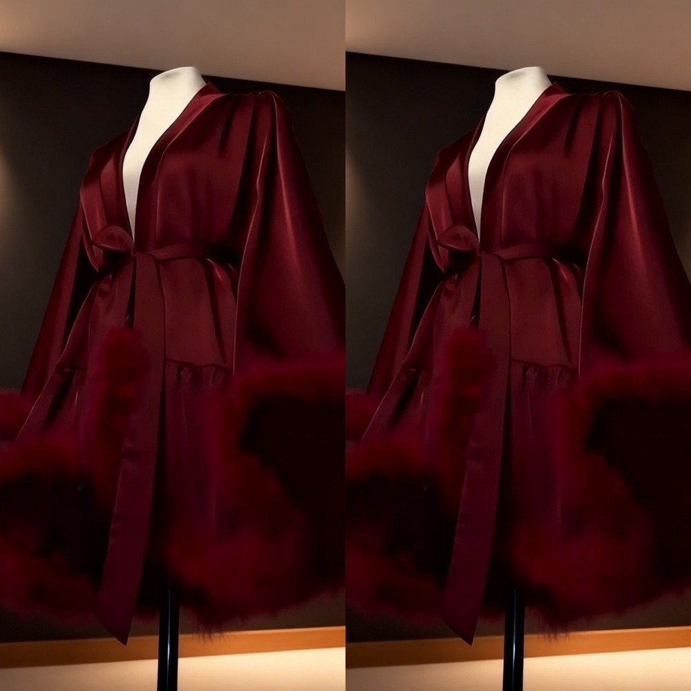 🎀Burgundy Satin Robe with Feather Trim Wide Sleeve Short Kimono Loungewear