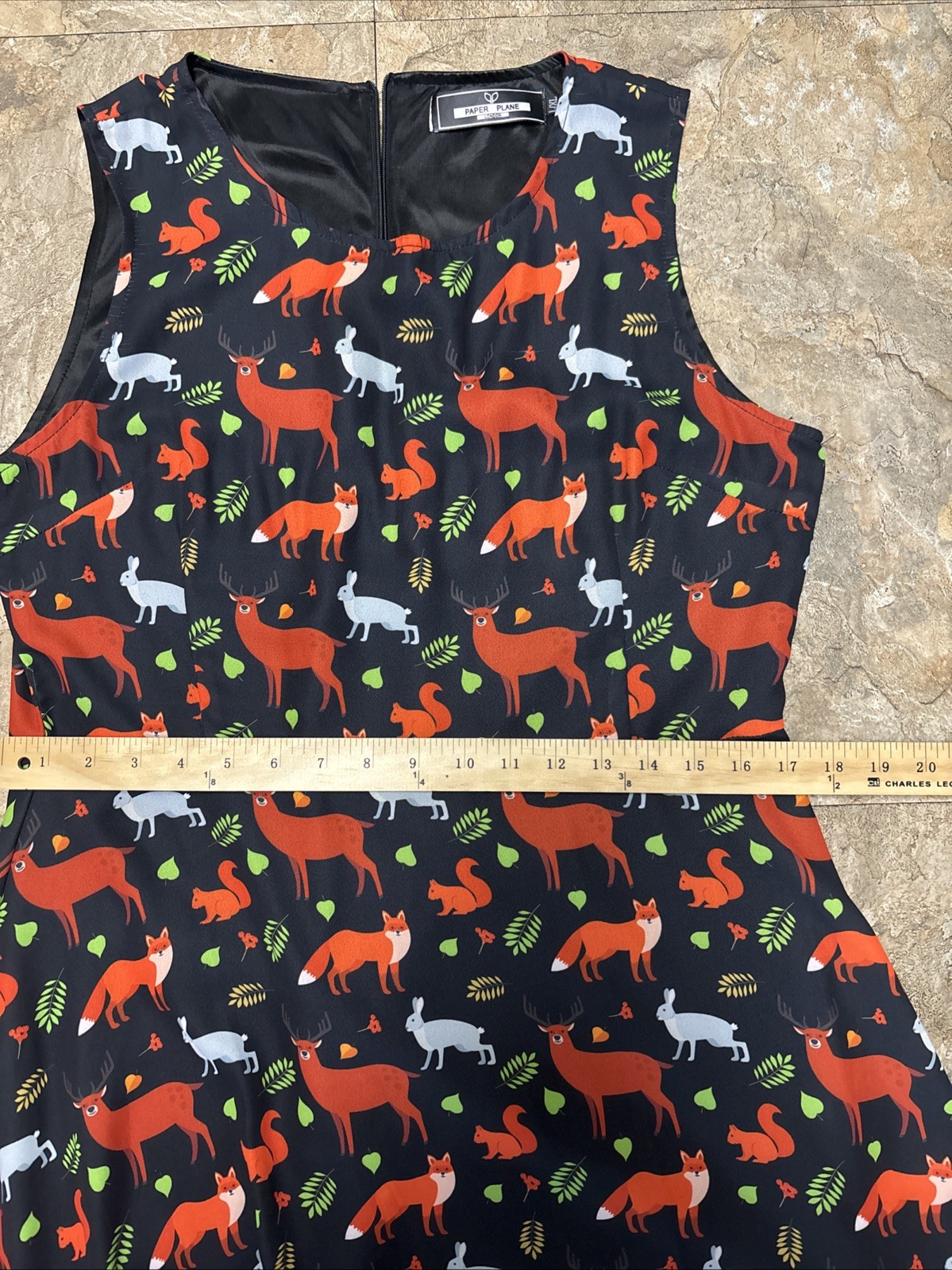 Paper Plane London Whimsical Animal Print Dress L Black / Foxes/Rabbits/Leaves