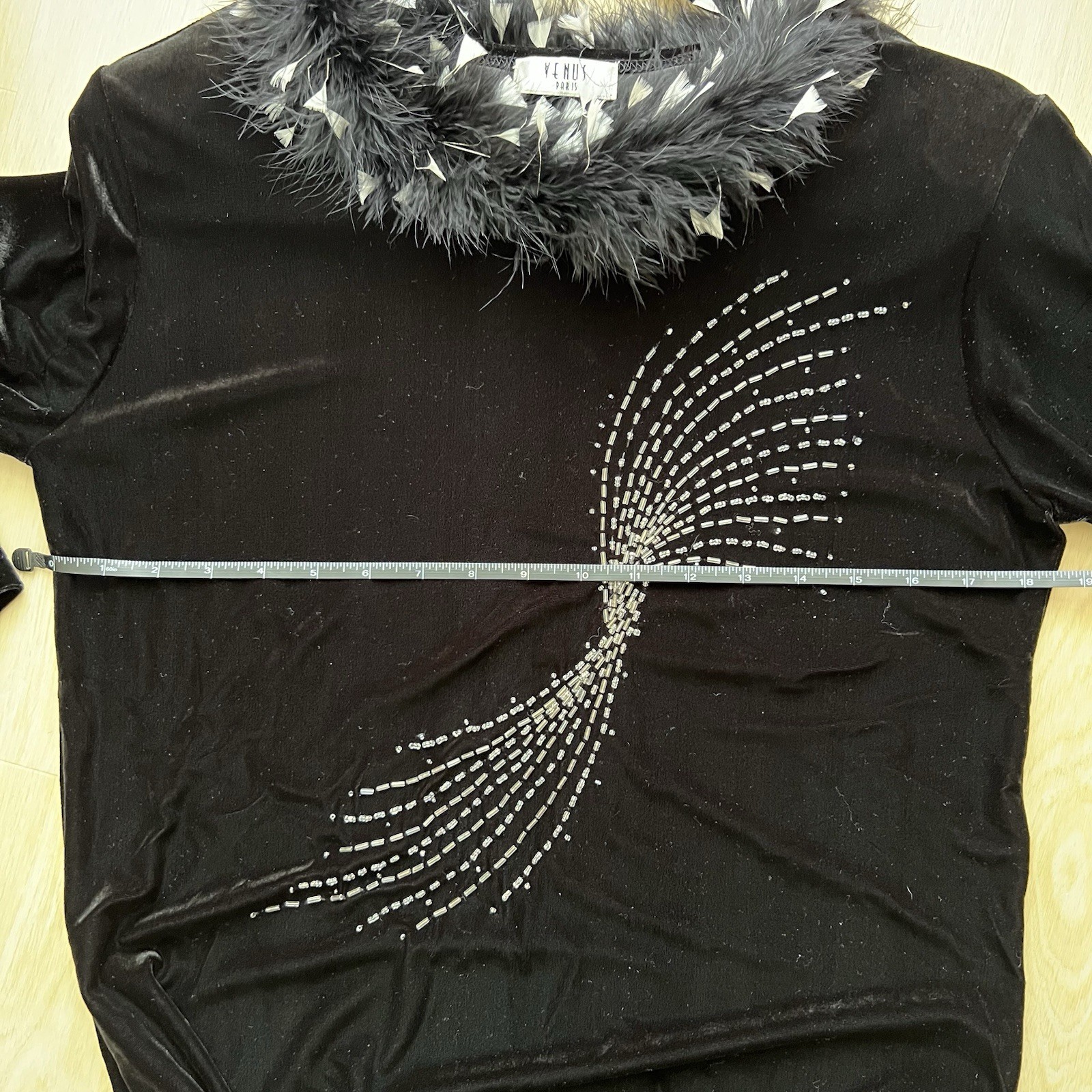 Venus Paris Black Velvet Solid Sheath Midi Dress Feather Trim Sequin Long Sleeve