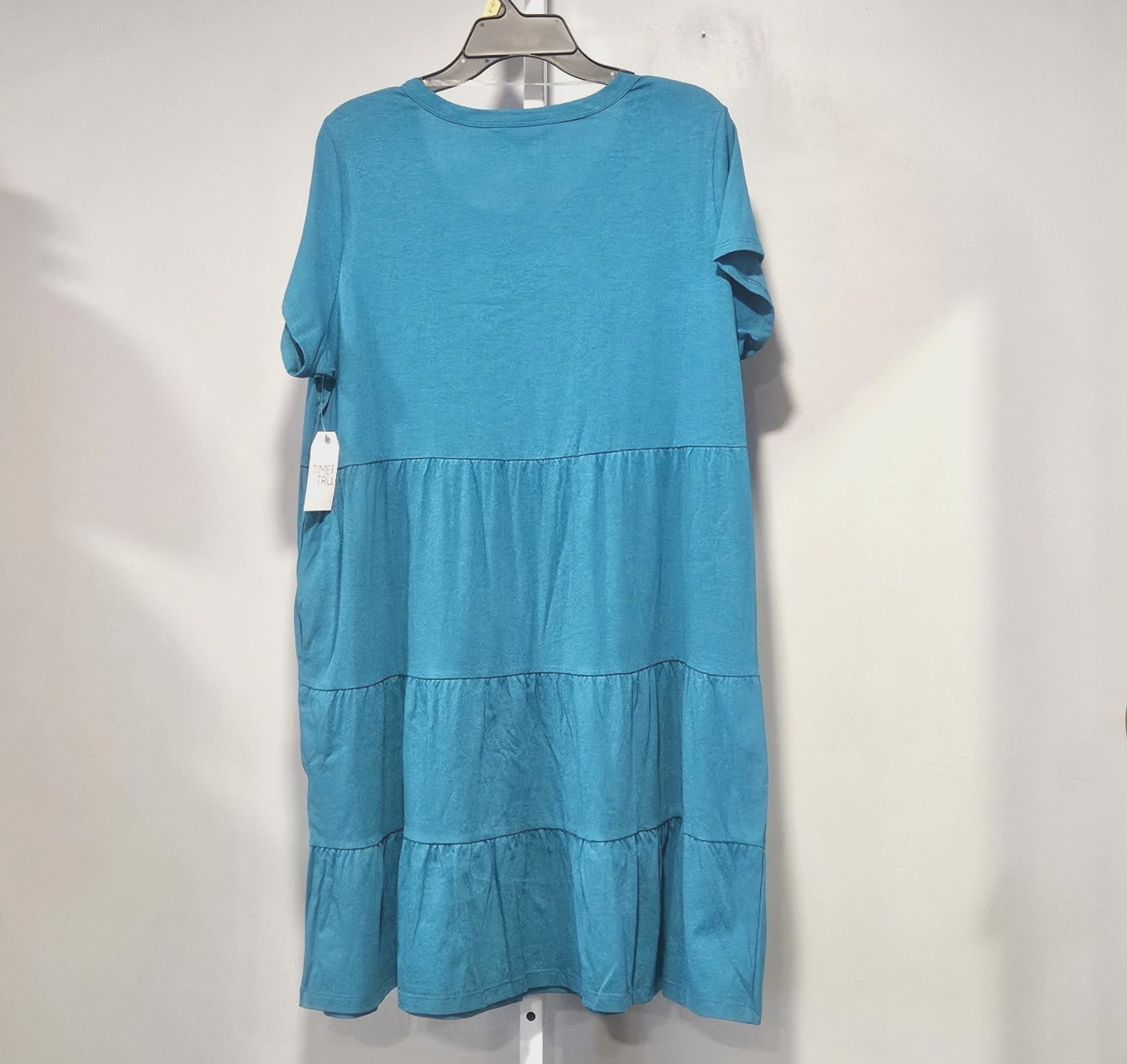 NWT Time and Tru Size XL Teal Tiered Knit Dress Pockets Round Neck Short Sleeves