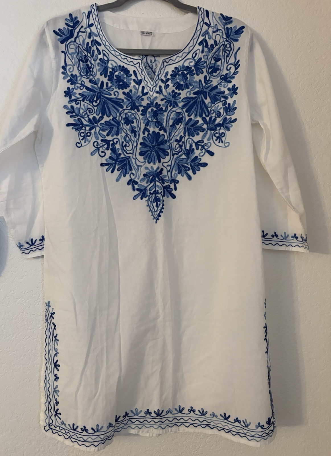 White Blue Embroidered Tunic India Sundress Cover Up Long Sleeve SIZE UNKNOWN