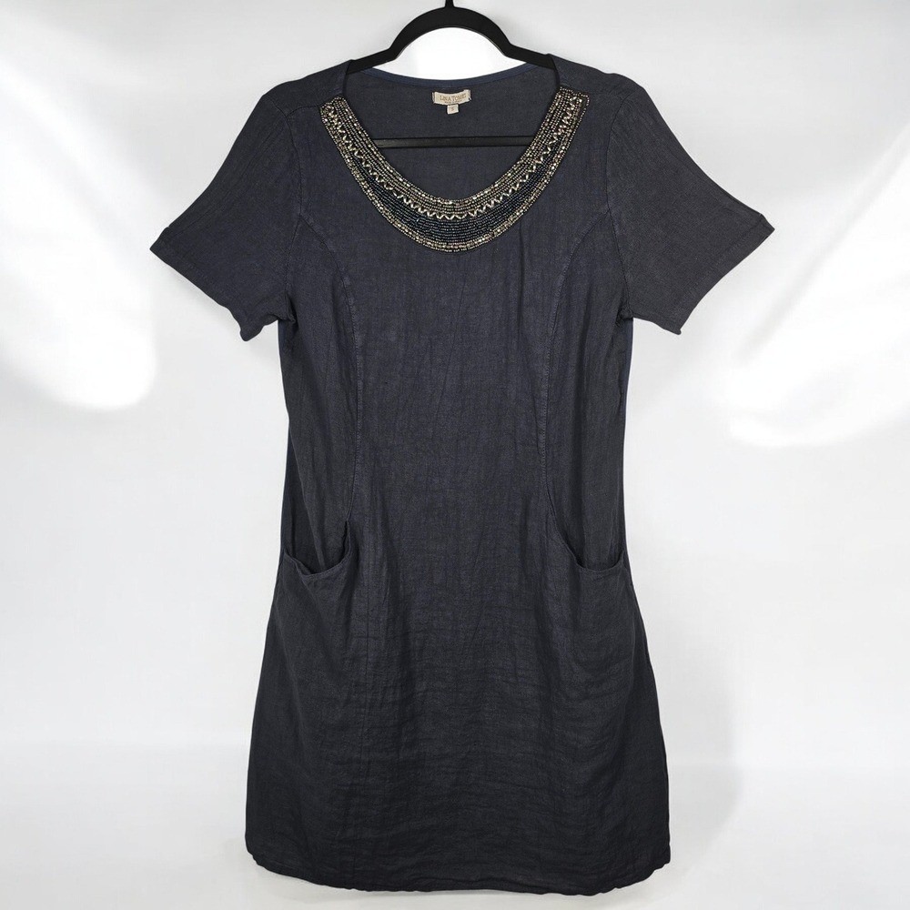 Lina Tomei Dress Beaded Neckline Linen Cotton Panels Made in Italy Woman Small
