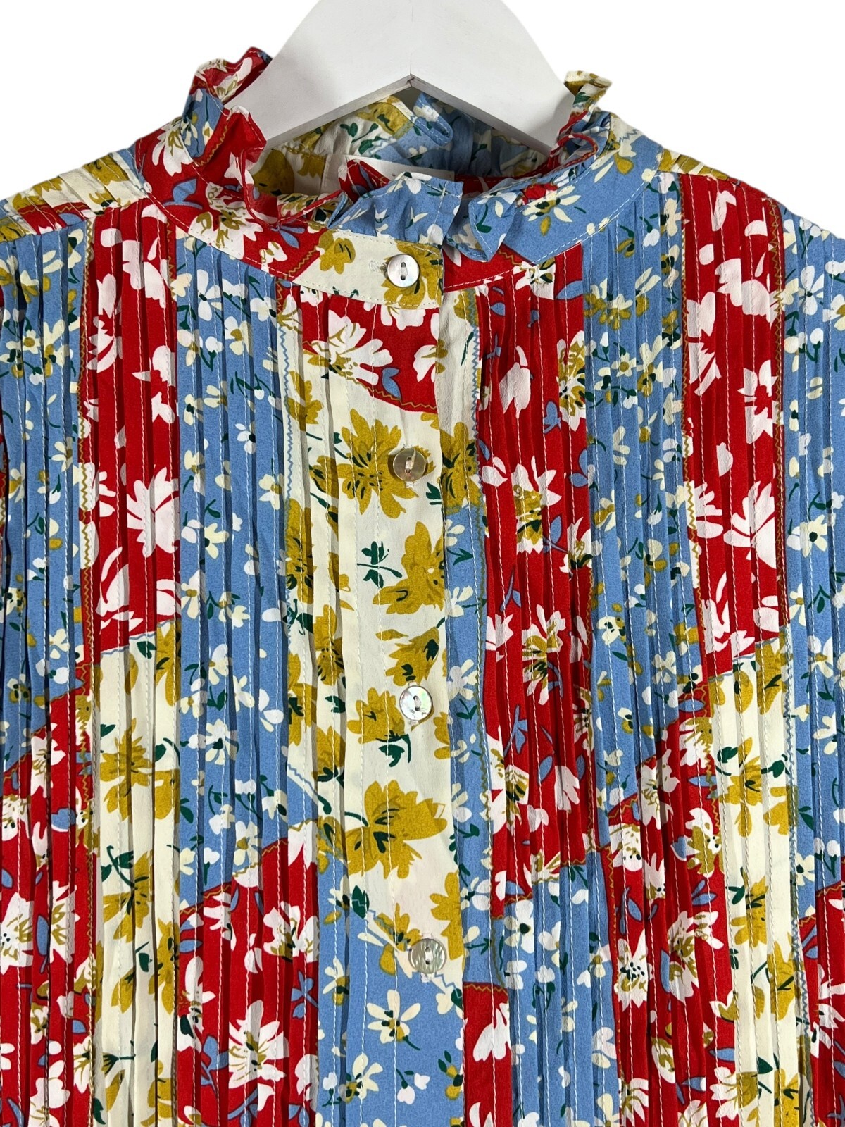 Love + Harmony Patchwork Floral Dress Womens Small Red Blue Pleated Boho Mini