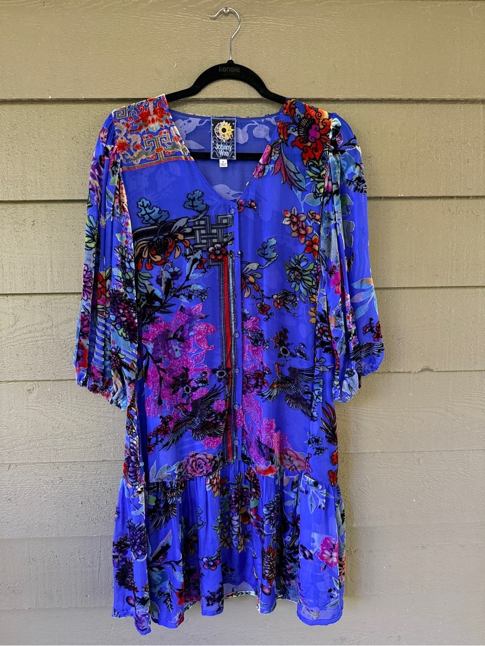 Johnny Was Silk Blend Blue Floral Boho Tunic Dress Medium