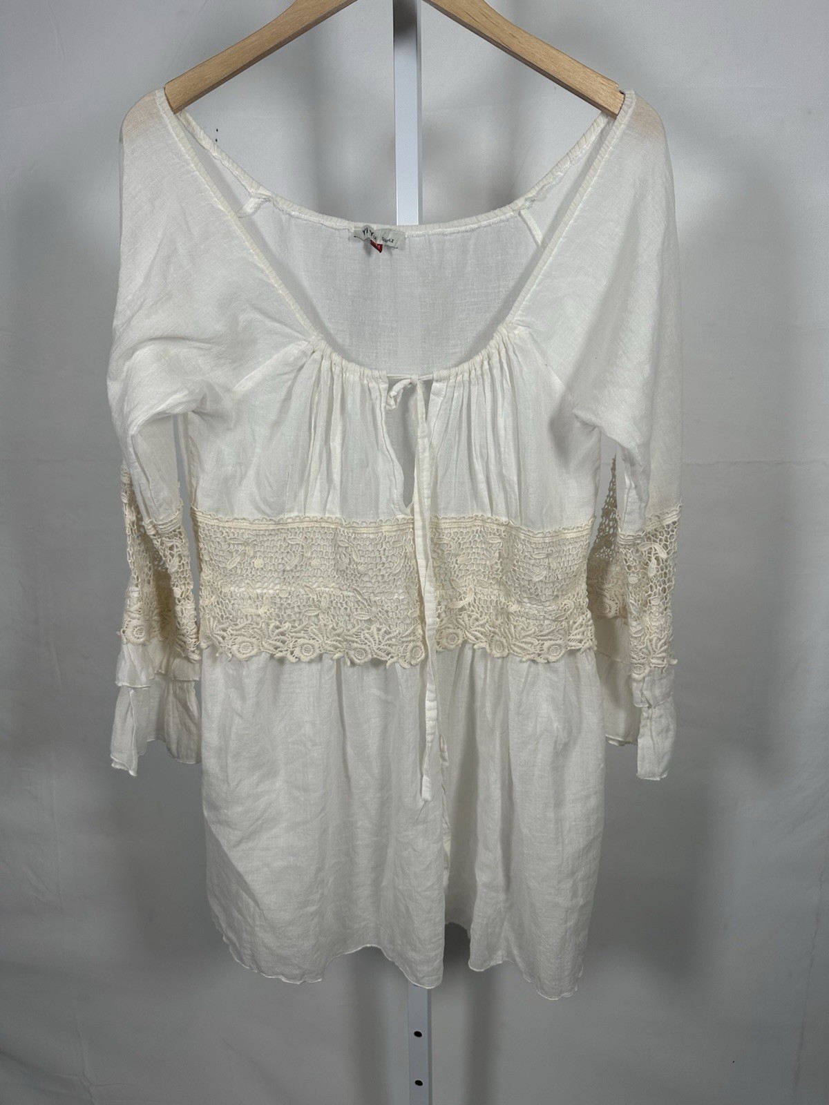 Yi Yu White Lace Ruffle Scoop Neck 3/4 Bell Sleeve Tunic Dress M
