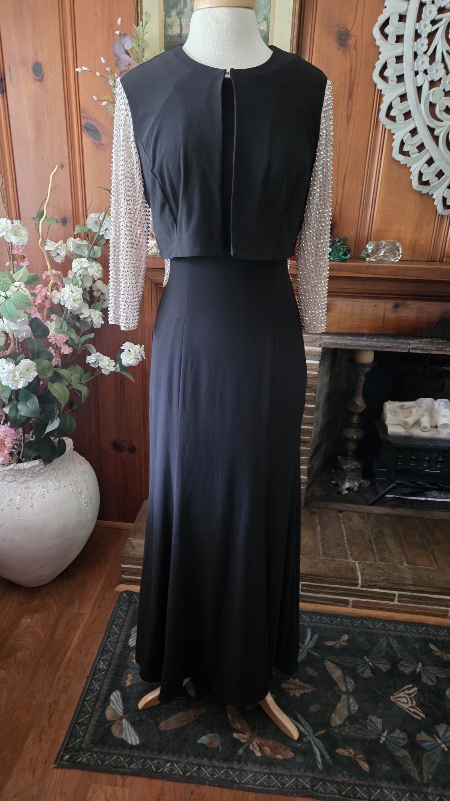 Xscape Long Formal Dress Black Sheer Back Silver Glitter Adornment & Shrug