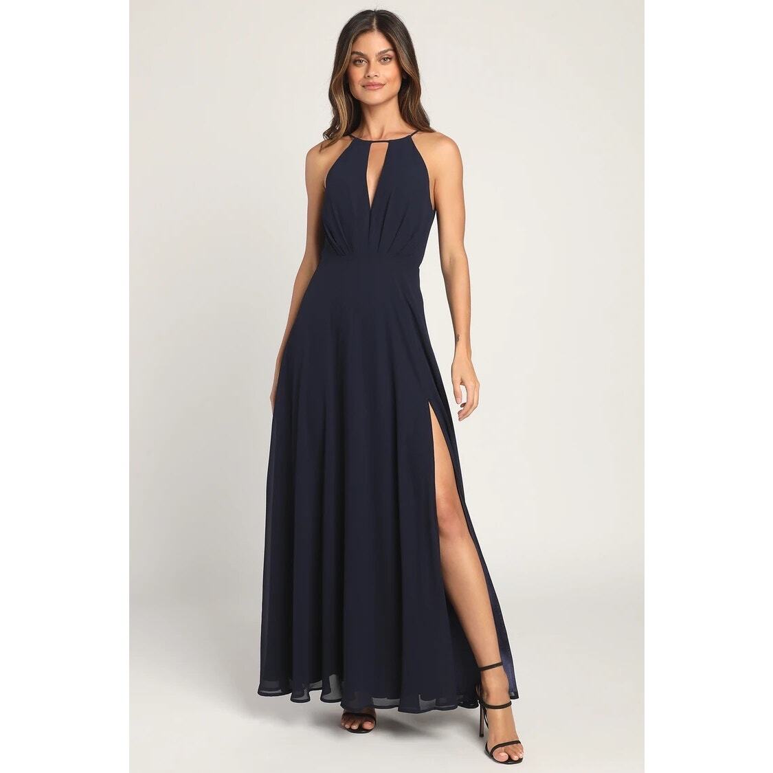 Lulus Aim for Amour Navy Blue Halter Neck Chiffon Maxi Slit Women’s Dress M