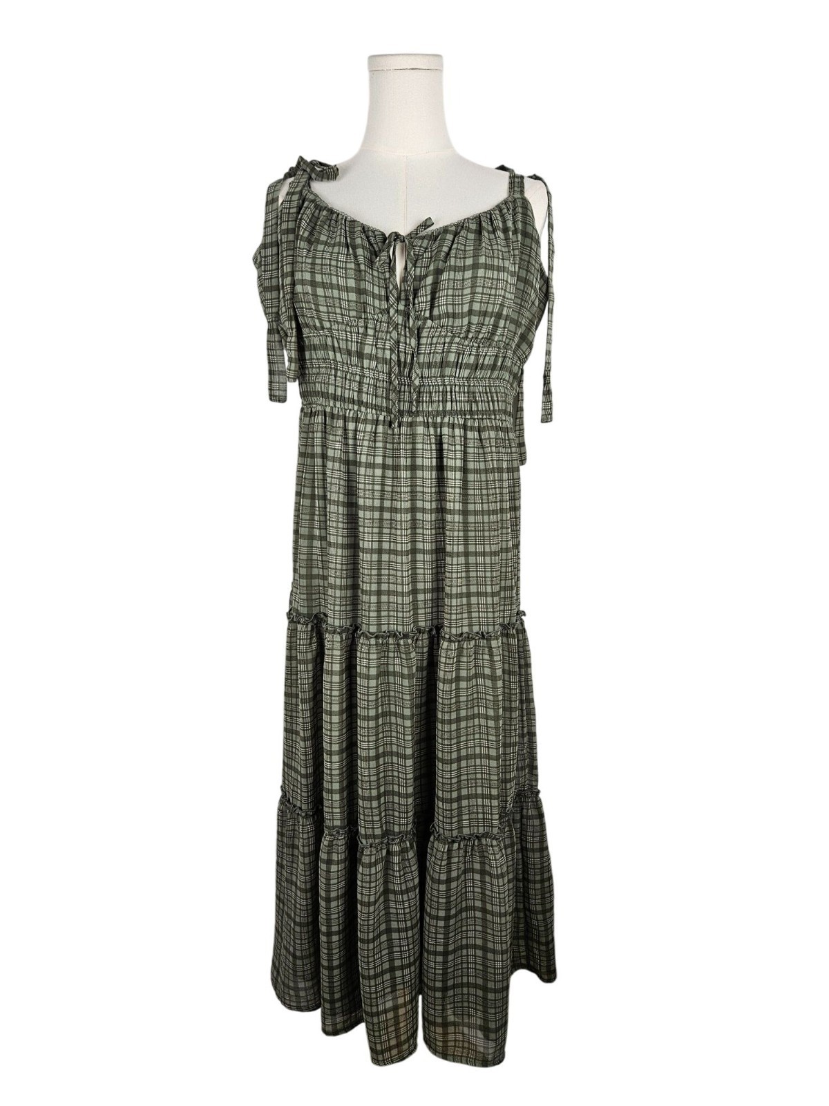 Francesca’s Joy Plaid Tiered Maxi Dress XL Green Tie Straps Milk Maid Boho