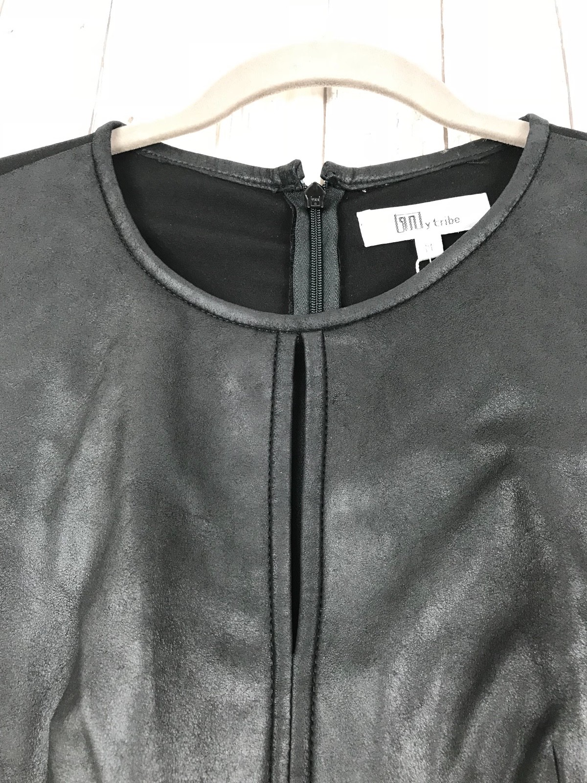 $269 My Tribe Key Hole Leather Ponte Little Black Dress Short Sleeve M Medium