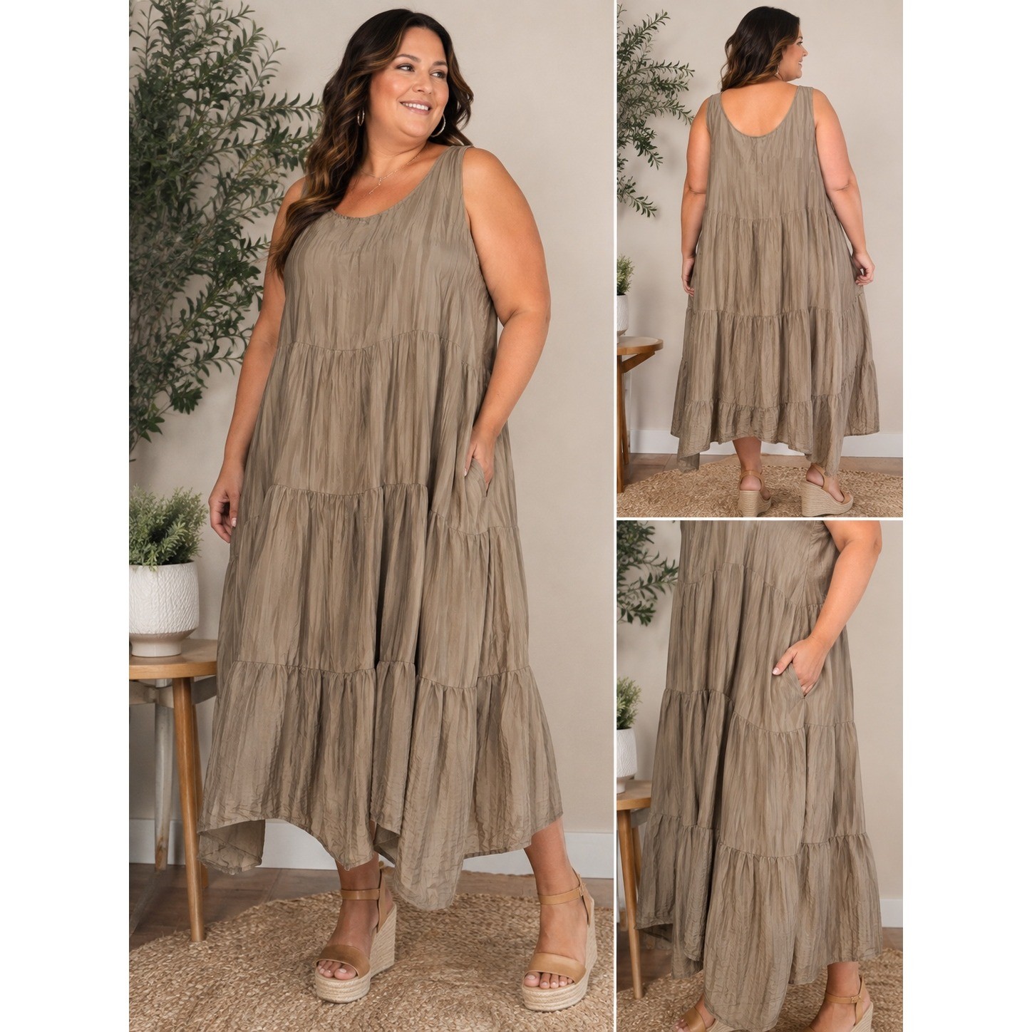 Eileen Fisher 100% Silk Crushed Tiered Maxi Dress Taupe Sleeveless 3X *Flaw *