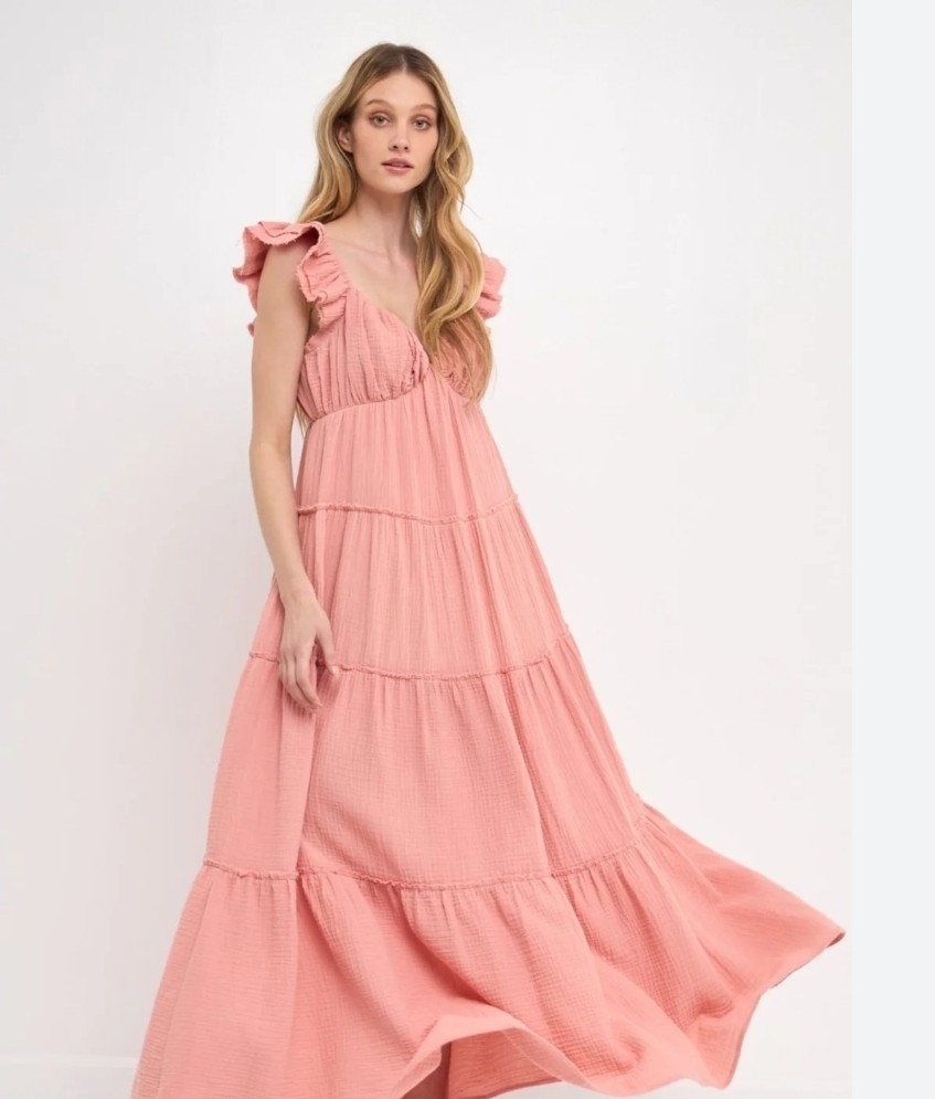 Free The Roses Sweetheart Neck cotton gauze tiered Maxi Summer Dress Medium New