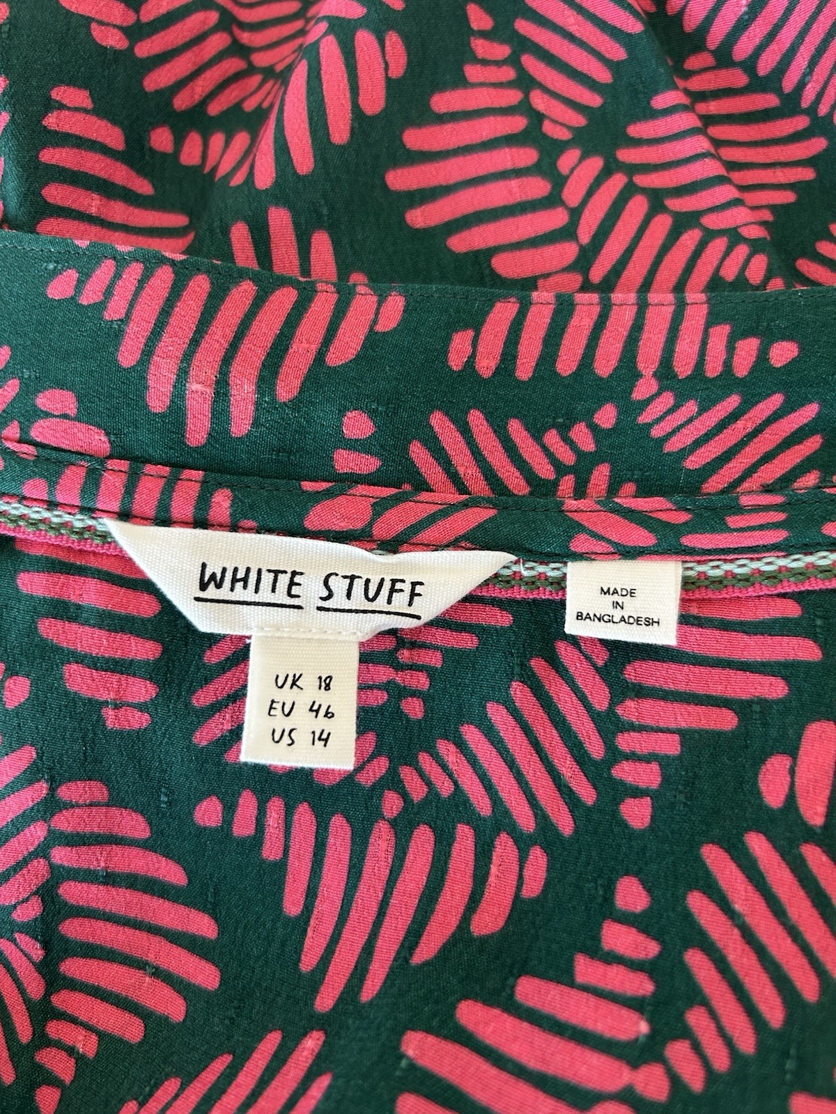 White Stuff Pink Pattern Short Sleeve Long Dress Size18 Tie Belt , Pockets