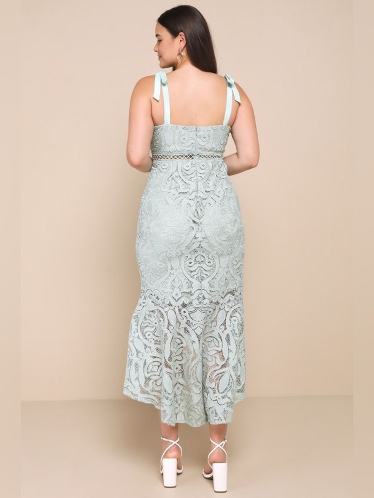 Lulus Won Your Heart Sage Green Lace Tie-Strap High-Low Midi Dress Size L NWT