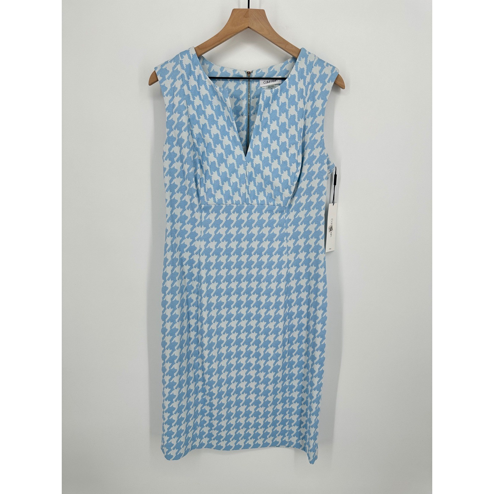 Calvin Klein Sheath Dress Womens 12 Blue White Houndstooth Sleeveless V-Neck New