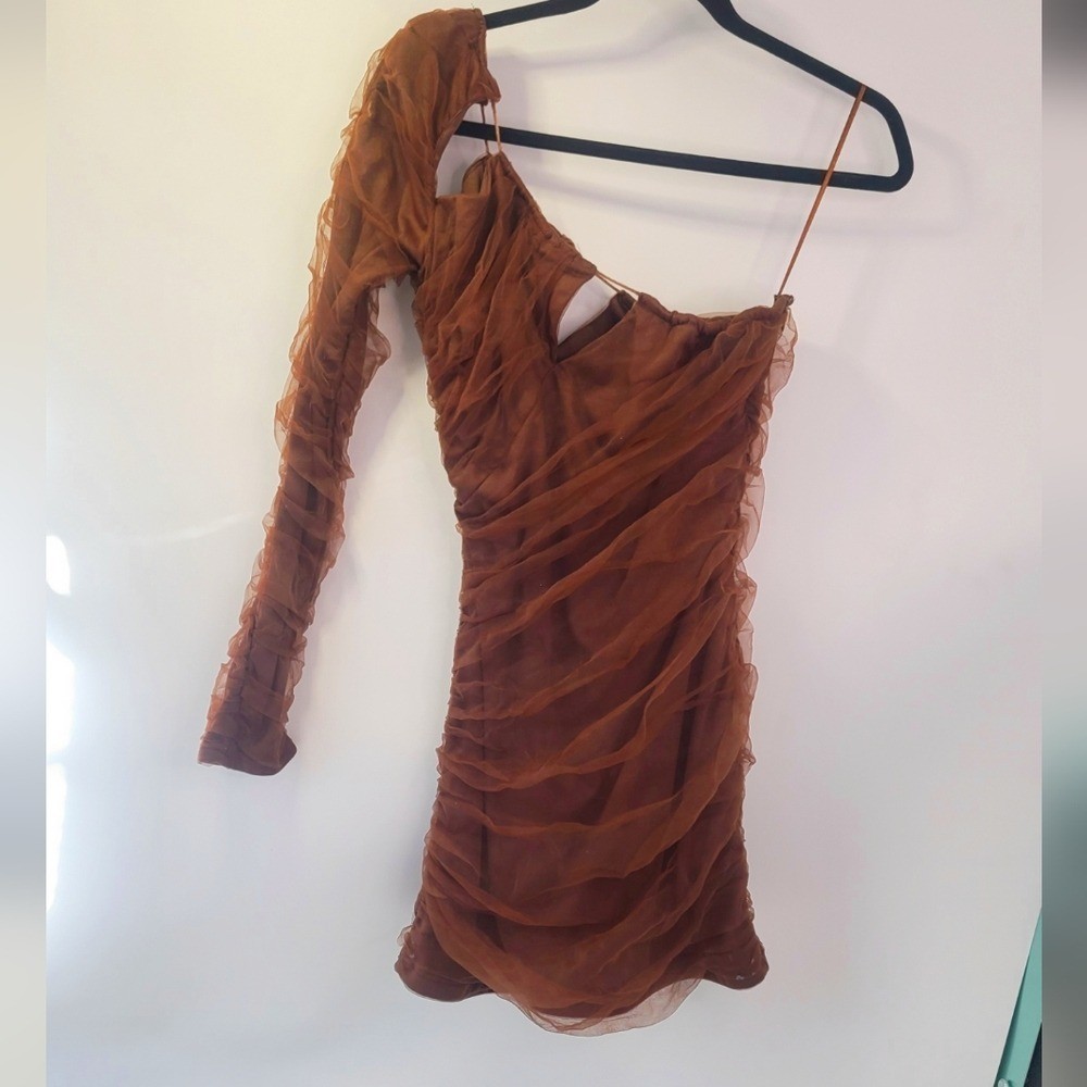 Zara brown one sleeve asymmetric lace ruched cut out bodycon dress size medium M