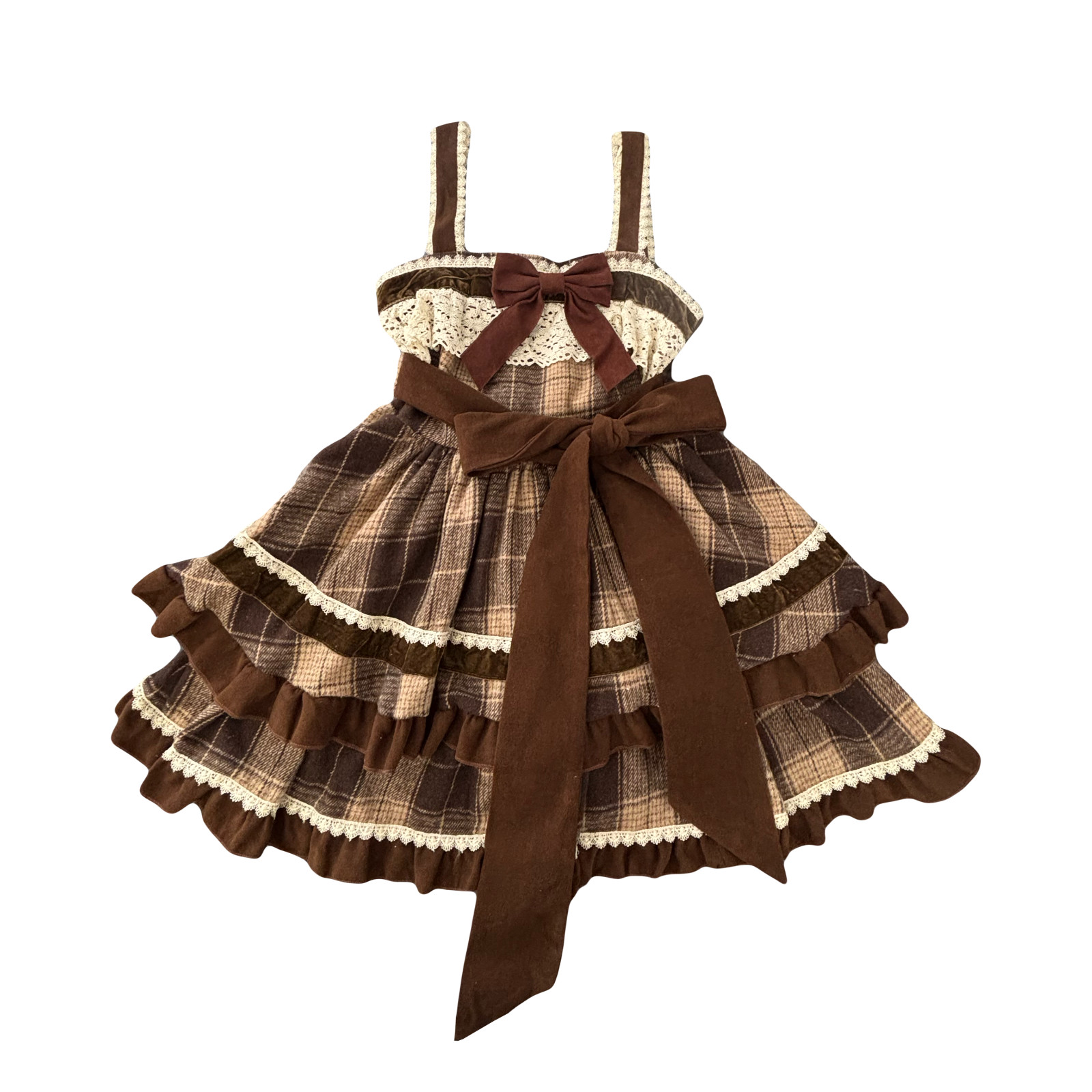 Sweet Lolita Plaid Wool Blend Dress Bow Tie Strap Dress Lace Ruffle Tiered