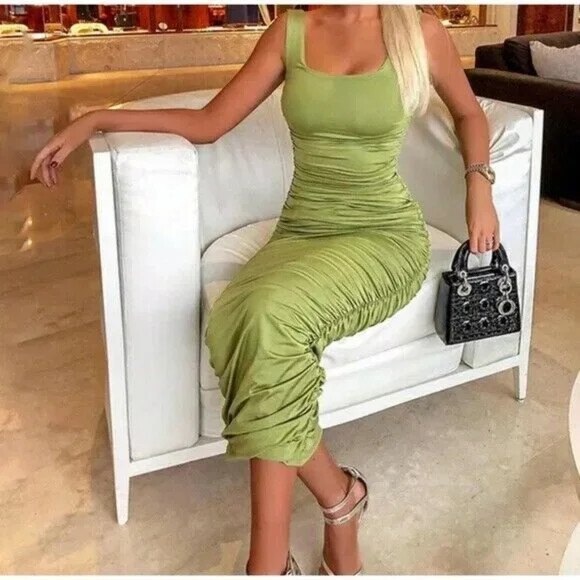 Women’s Ruched Sleeveless Tank Midi Bodycon Dress Brown