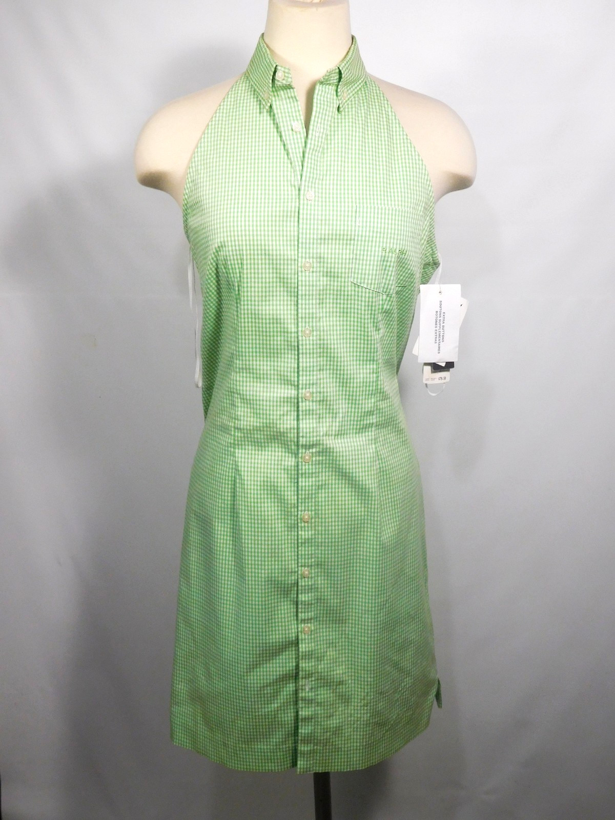 Vintage Ralph Lauren Halter Dress Green & White Stretch Gingham Size 10 NWT’S