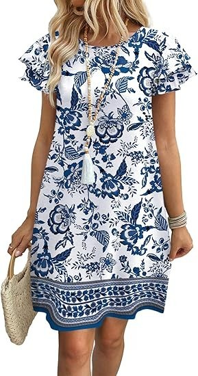 OFEEFAN Womens Summer Dresses 2026 Ruffle Sleeve Round Neck Loose Swing Sundress