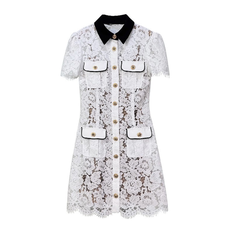 Self-Portrait Womens Summer Contrasting Color Lapel High Waist Short Lace Dress