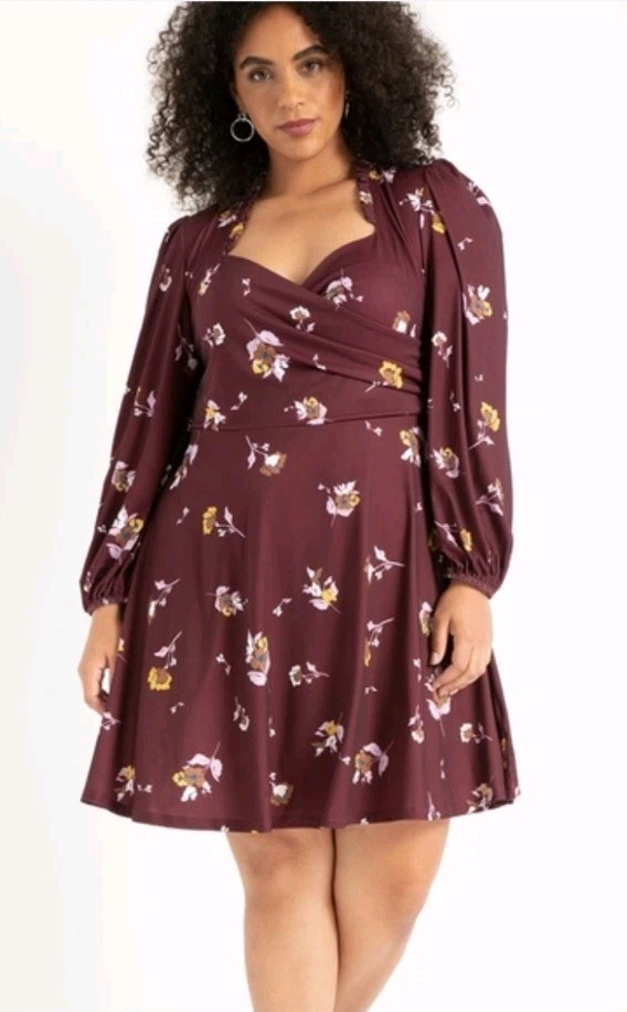Eloquii Burgundy Long Sleeve Sweetheart Floral Wrap Dress, Size 18