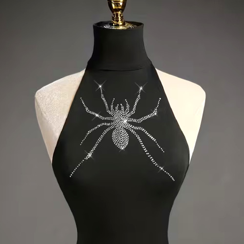 Large Black RHINESTONE SPIDER Bodycon. Sleek Knit Backless Mini Dress. SCARY!