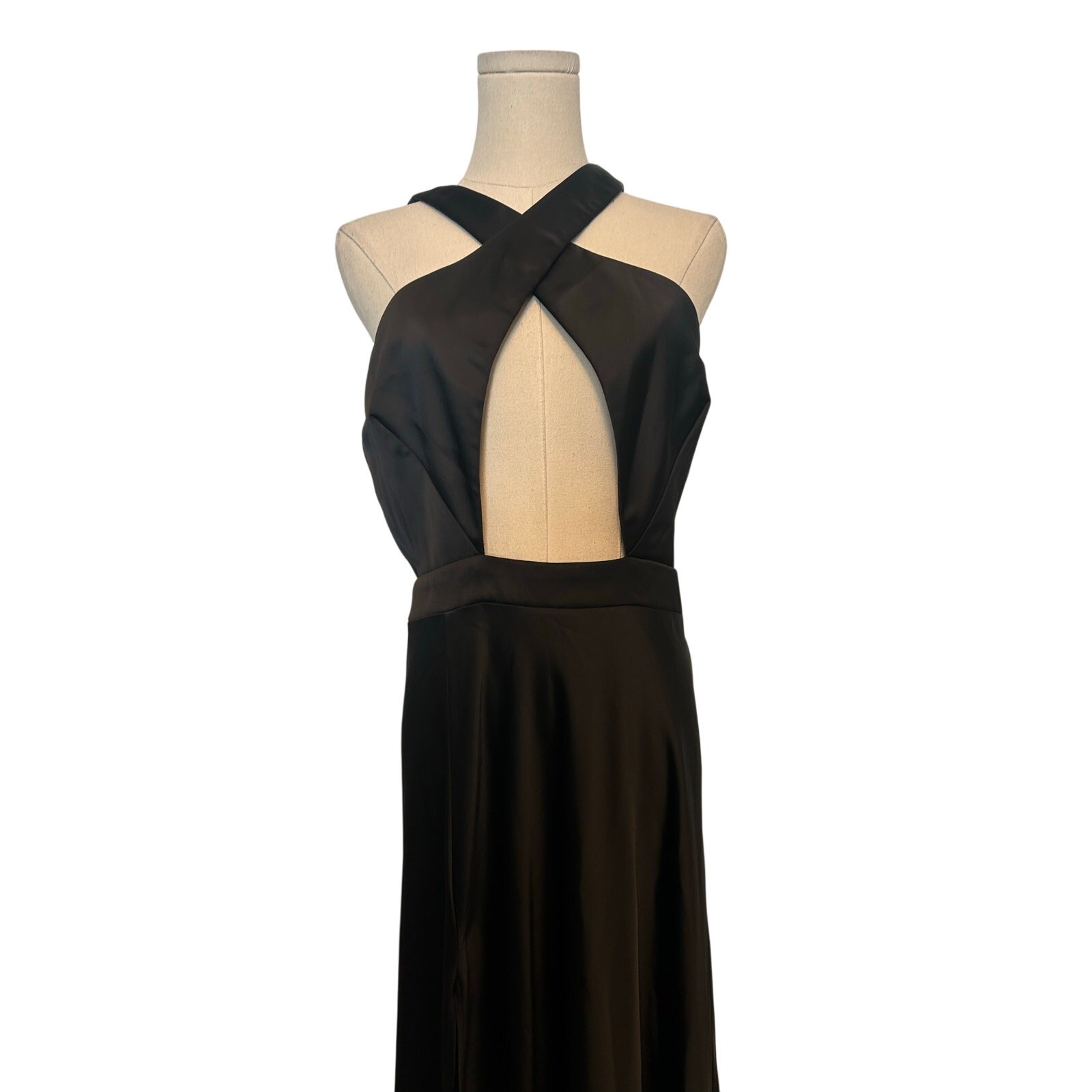 Katie May NWT Satin Halter Criss Cross Cut Out Gown Black Large Formal New Years