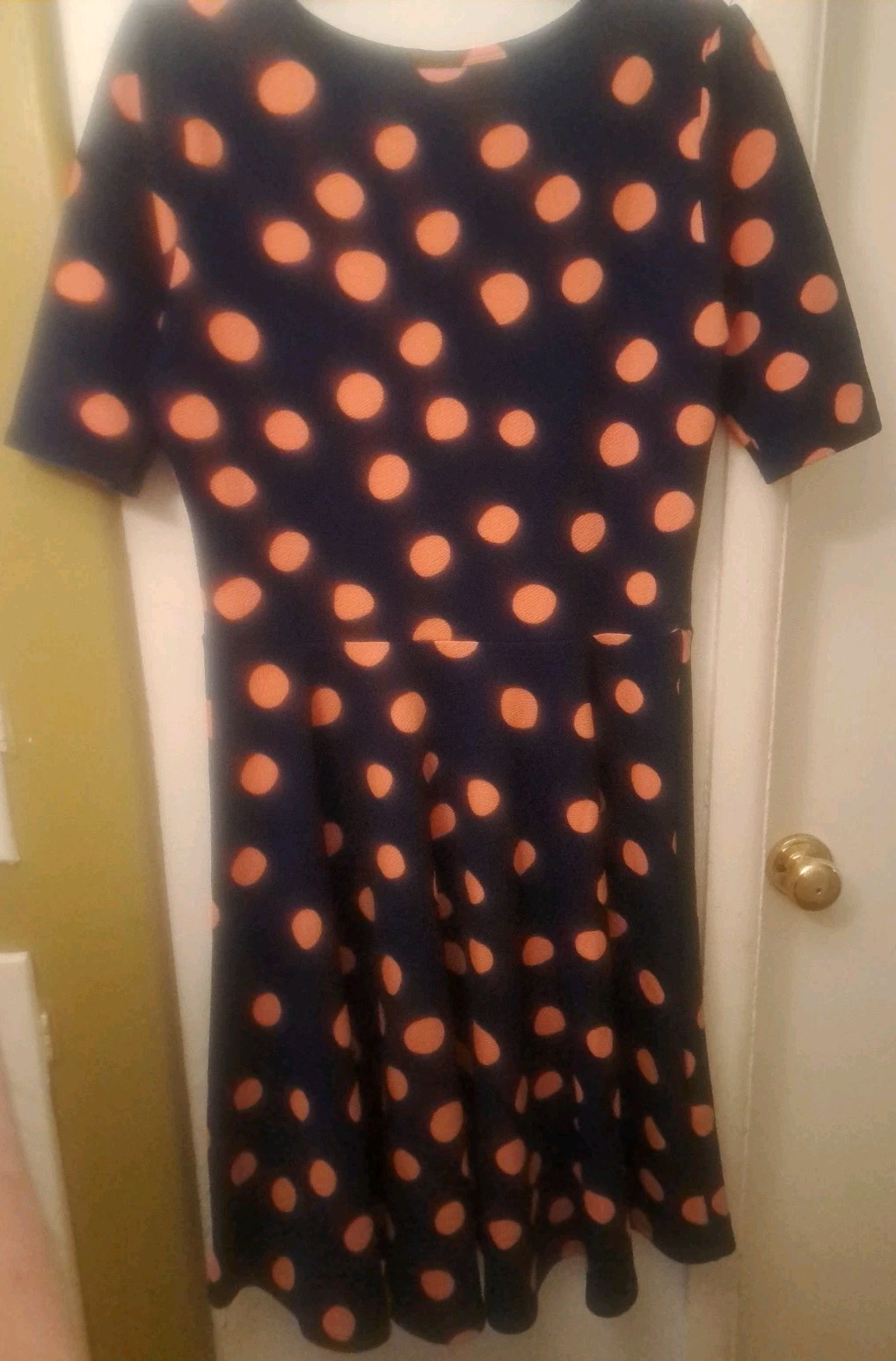 Striking Navy Blue Dress With Vivid Orange Polka Dots. LulaRoe Xtra Large.