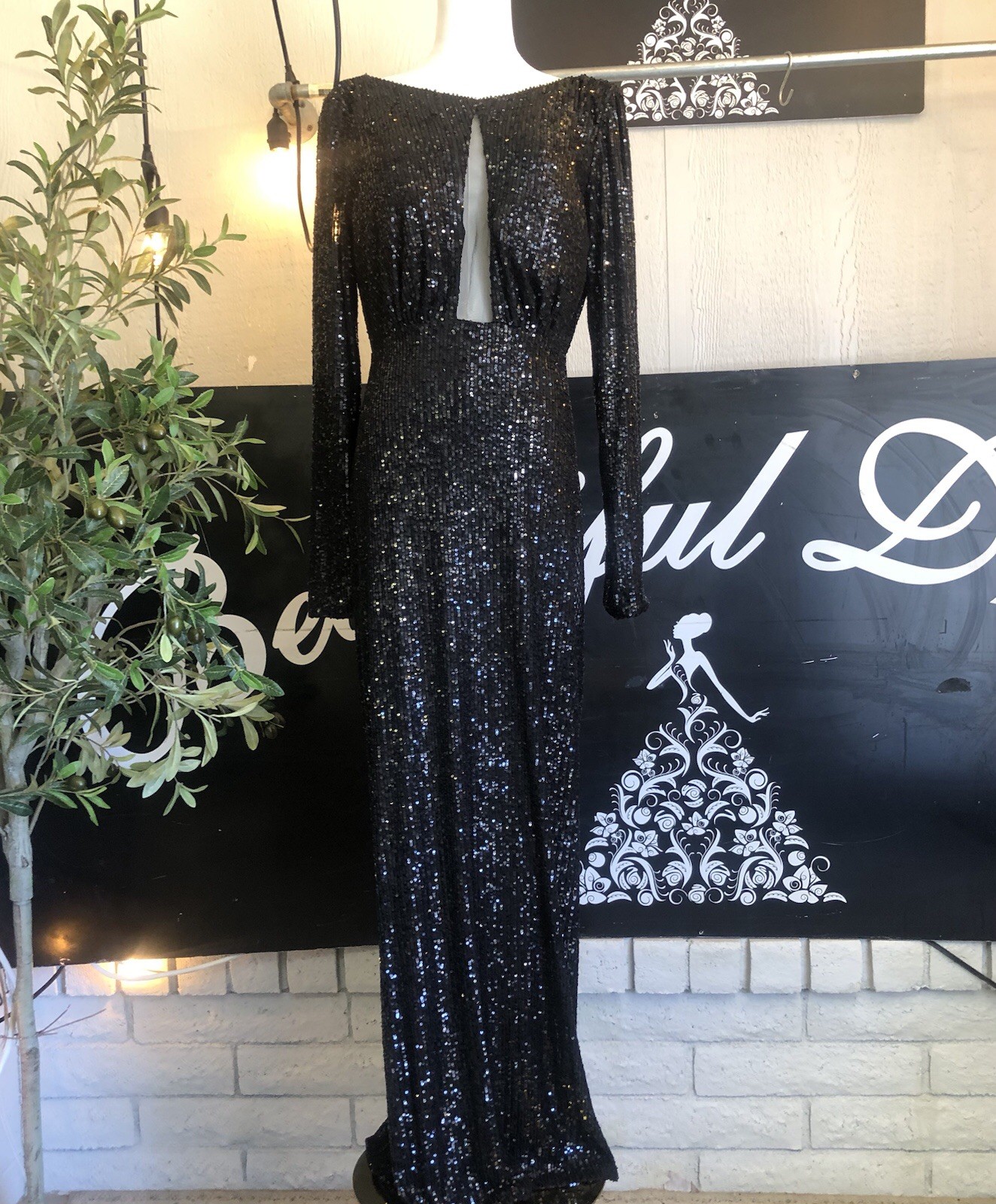 May Queen Black Sequin Formal Gown Womens Long Sleeve Evening Dress Wedding