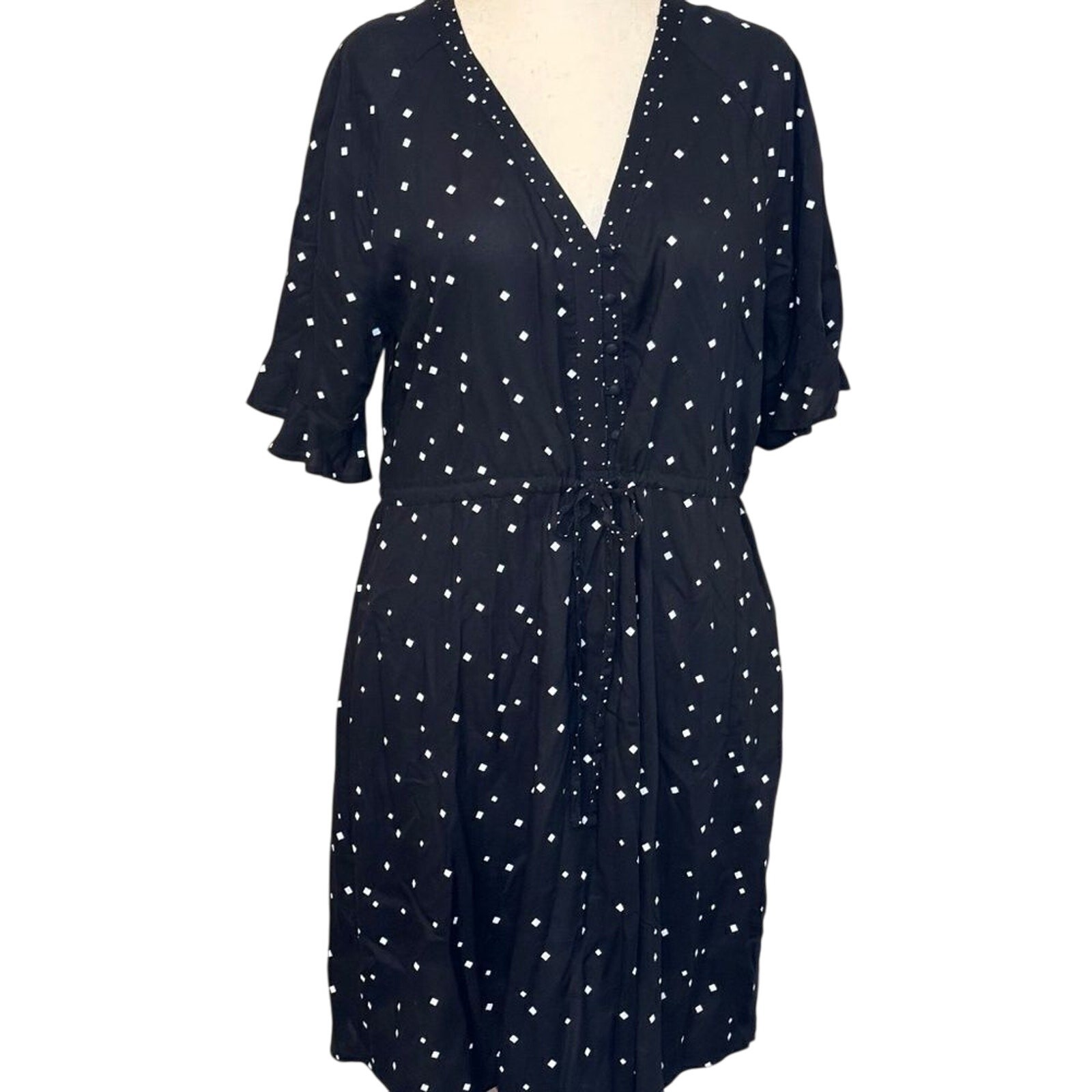 Next dress black and white short sleeve dot pattern open neck tie waist US Sz 12